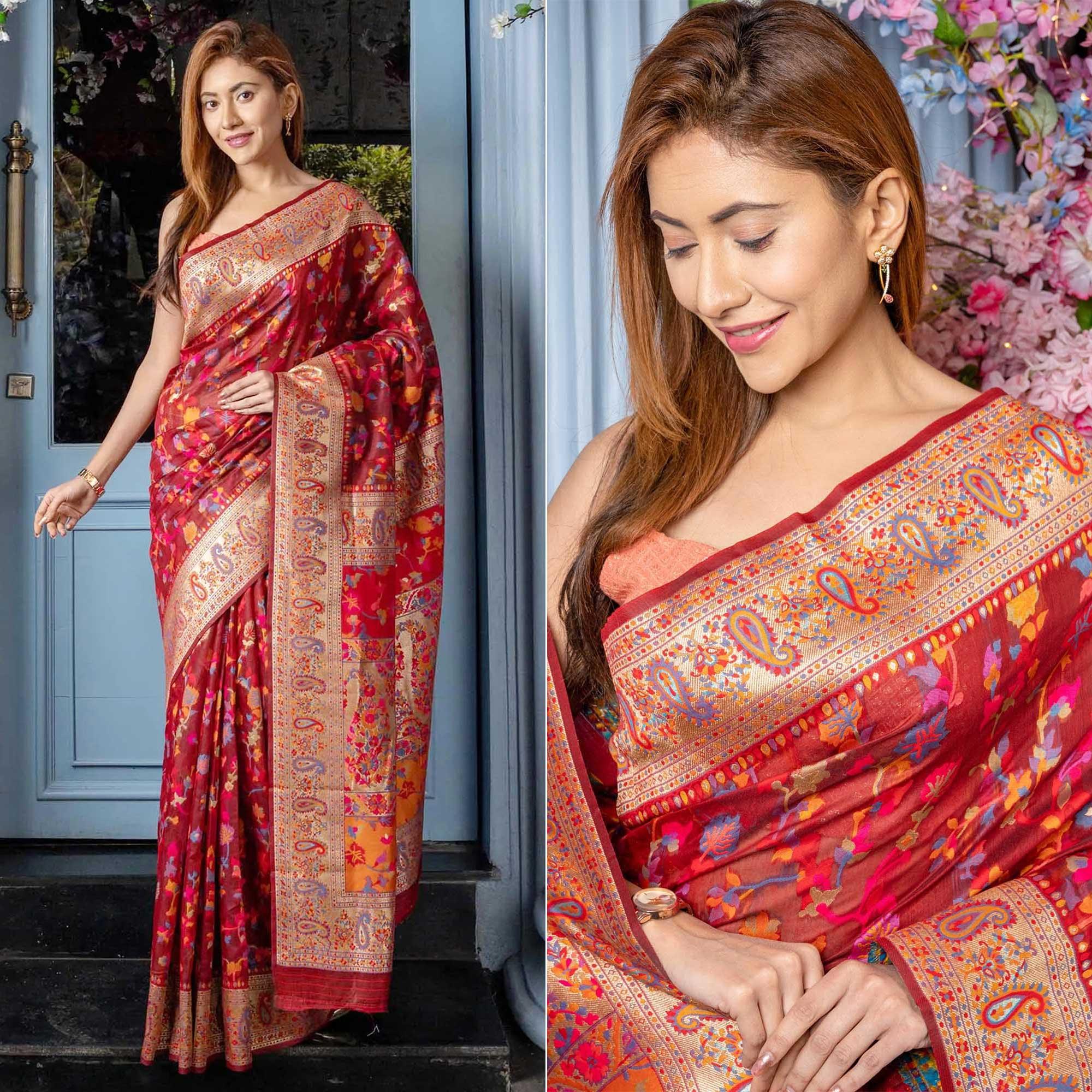 Red Printed Cotton Silk Saree - Peachmode