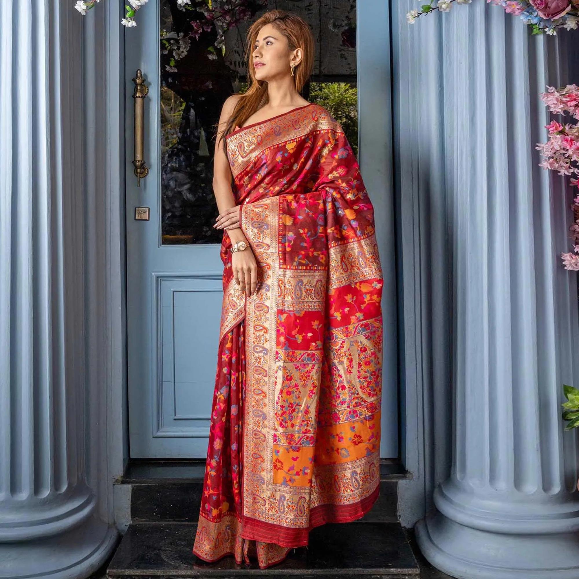 Red Printed Cotton Silk Saree - Peachmode