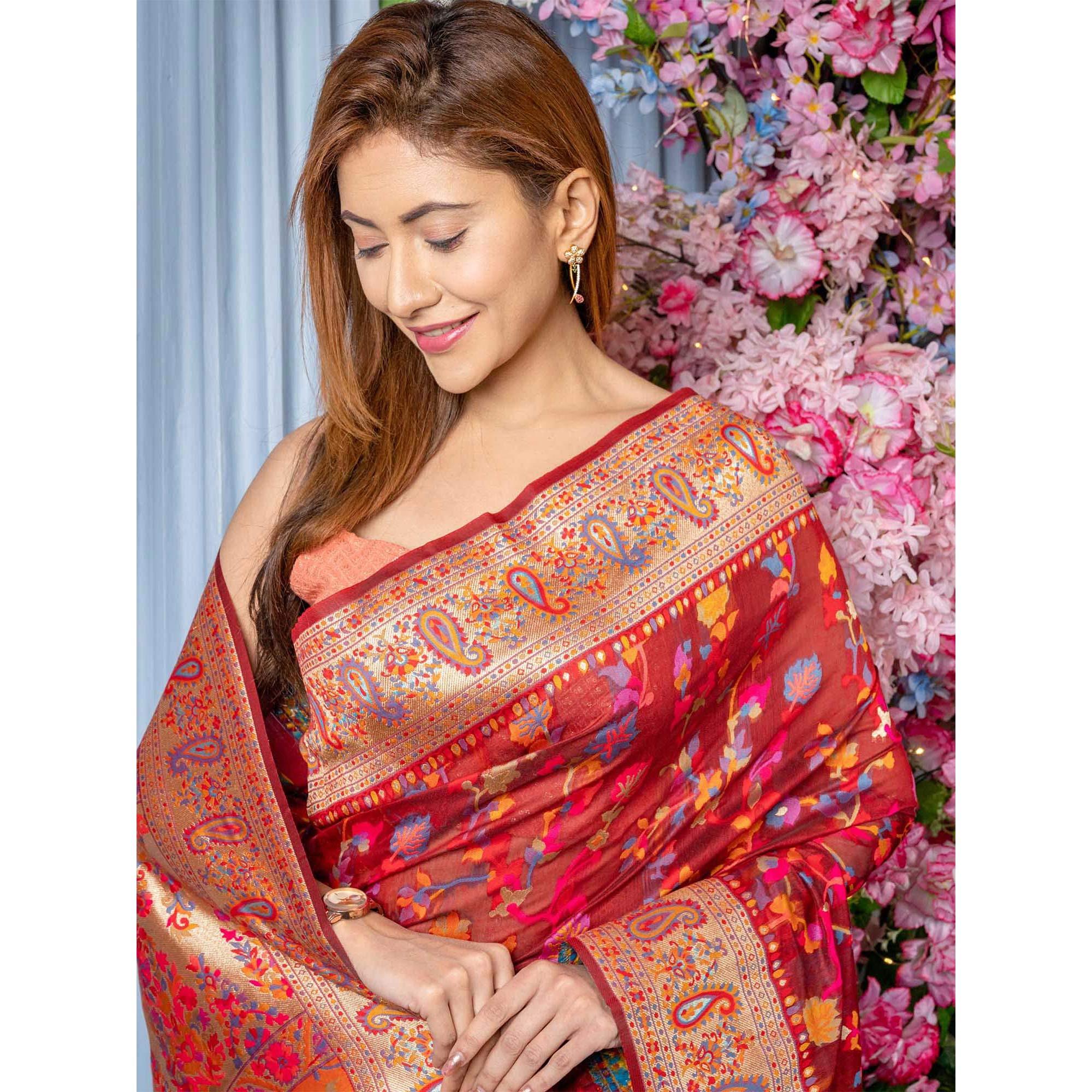 Red Printed Cotton Silk Saree - Peachmode
