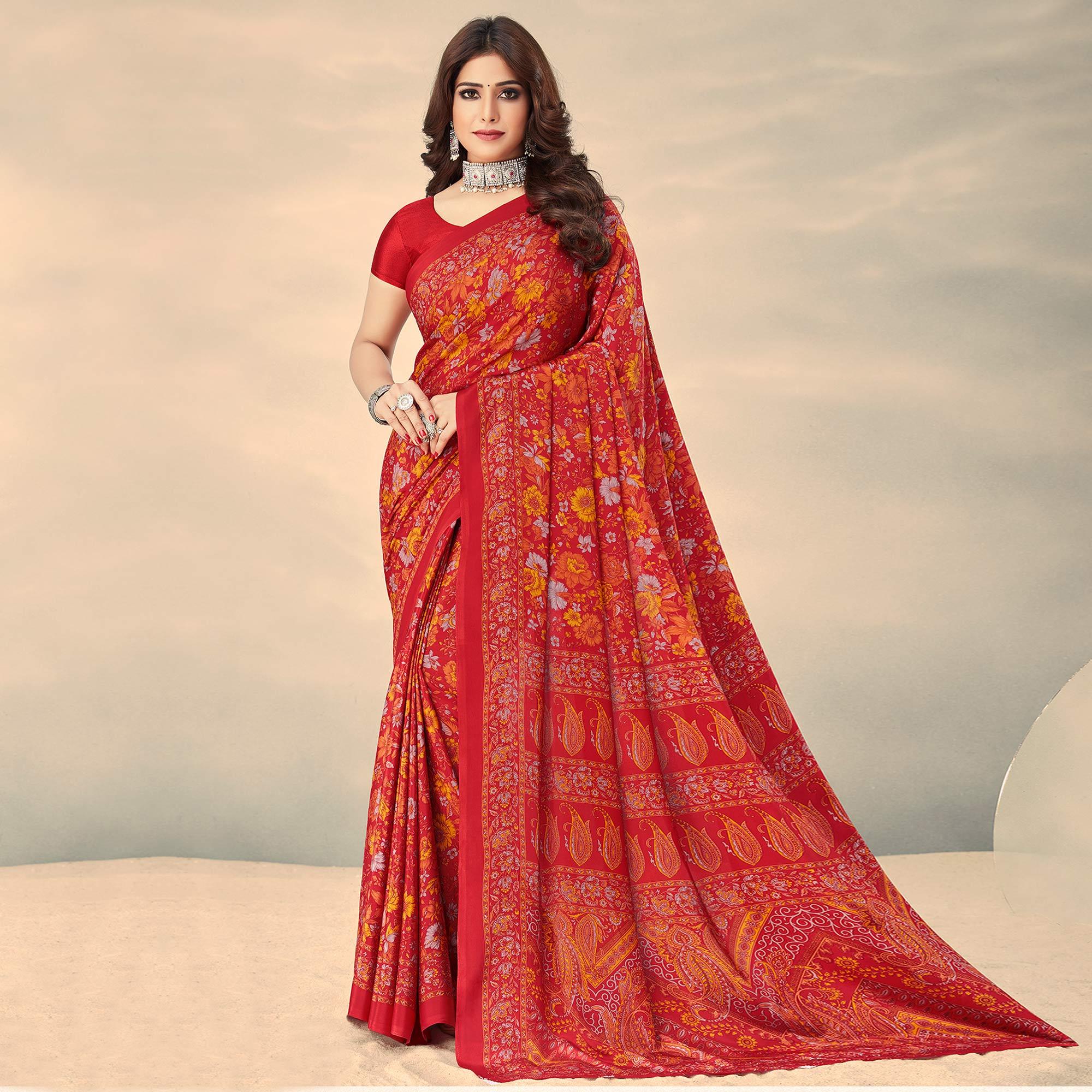 Red Printed Crepe Saree - Peachmode