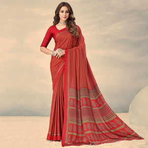 Red Printed Crepe Saree - Peachmode