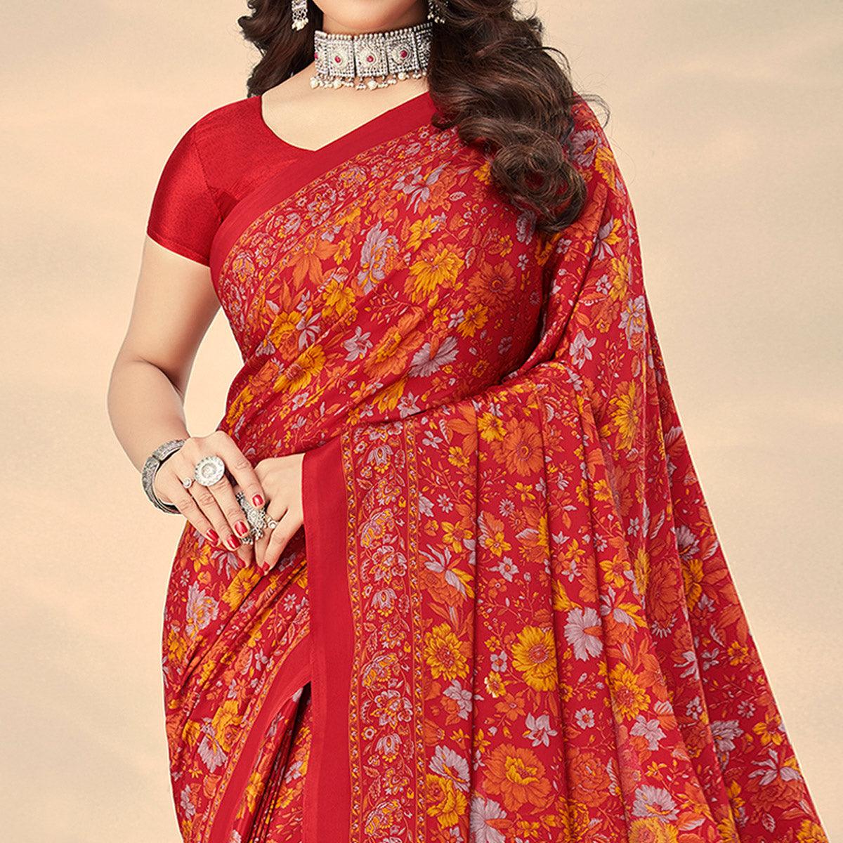 Red Printed Crepe Saree - Peachmode