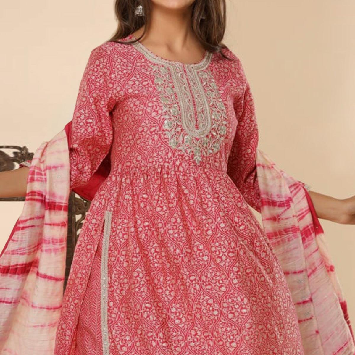 Red Printed-Embroidered Muslin Kurti Pant Set With Dupatta - Peachmode