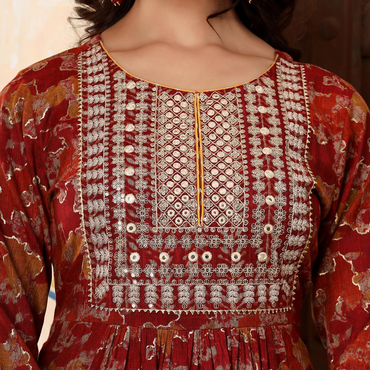 Red Printed-Embroidered Rayon Salwar Suit - Peachmode