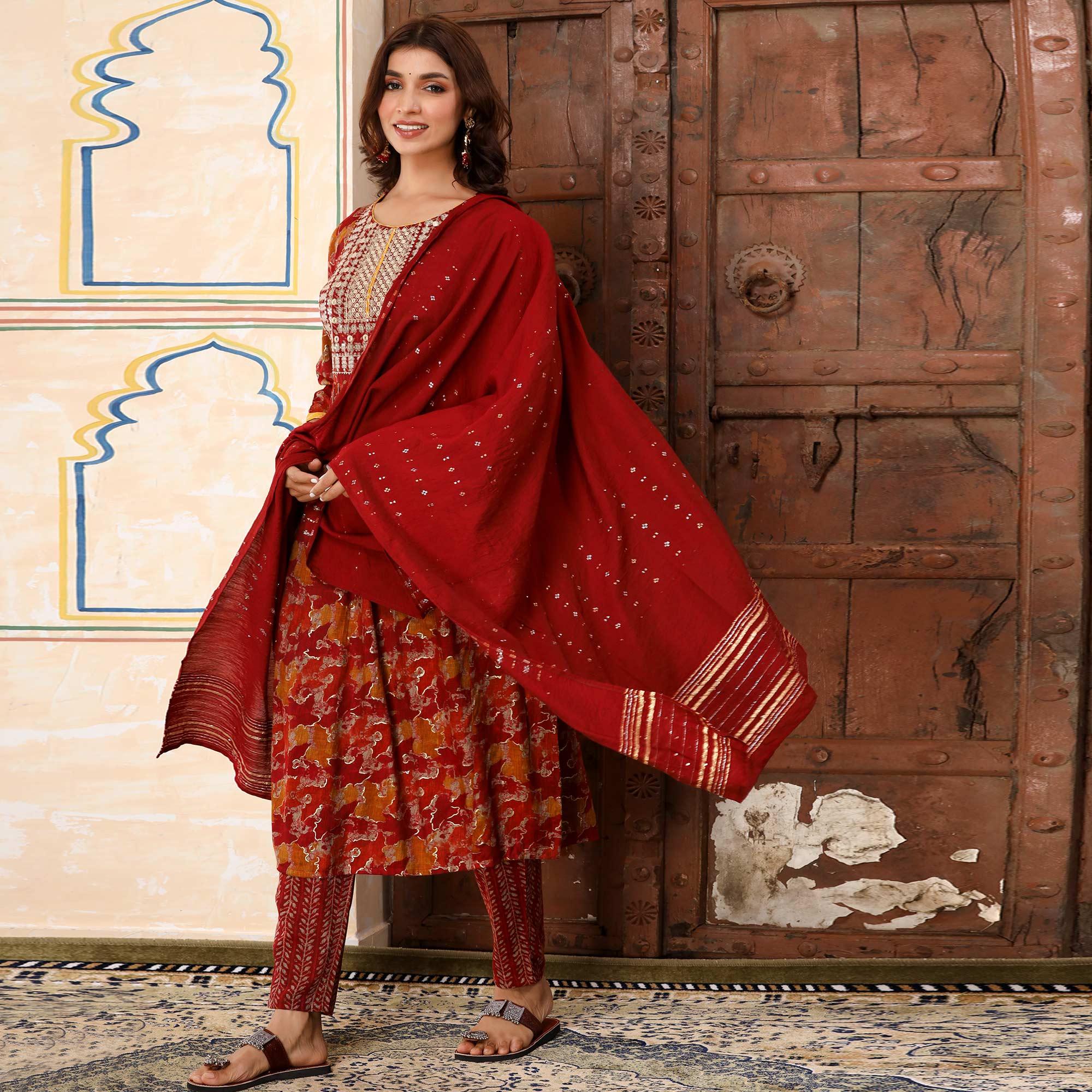 Red Printed-Embroidered Rayon Salwar Suit - Peachmode