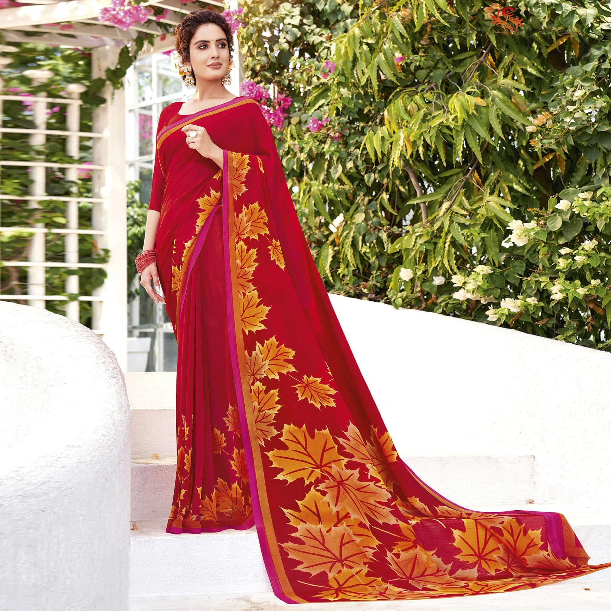Red Printed Georgette Saree - Peachmode