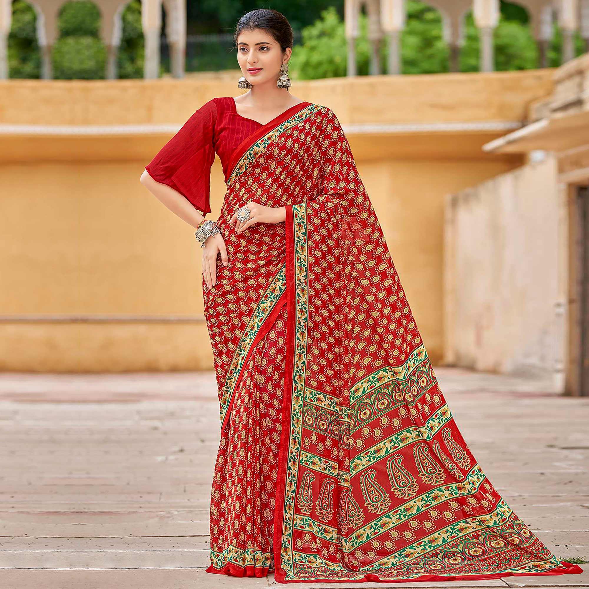 Red Printed Georgette Saree - Peachmode