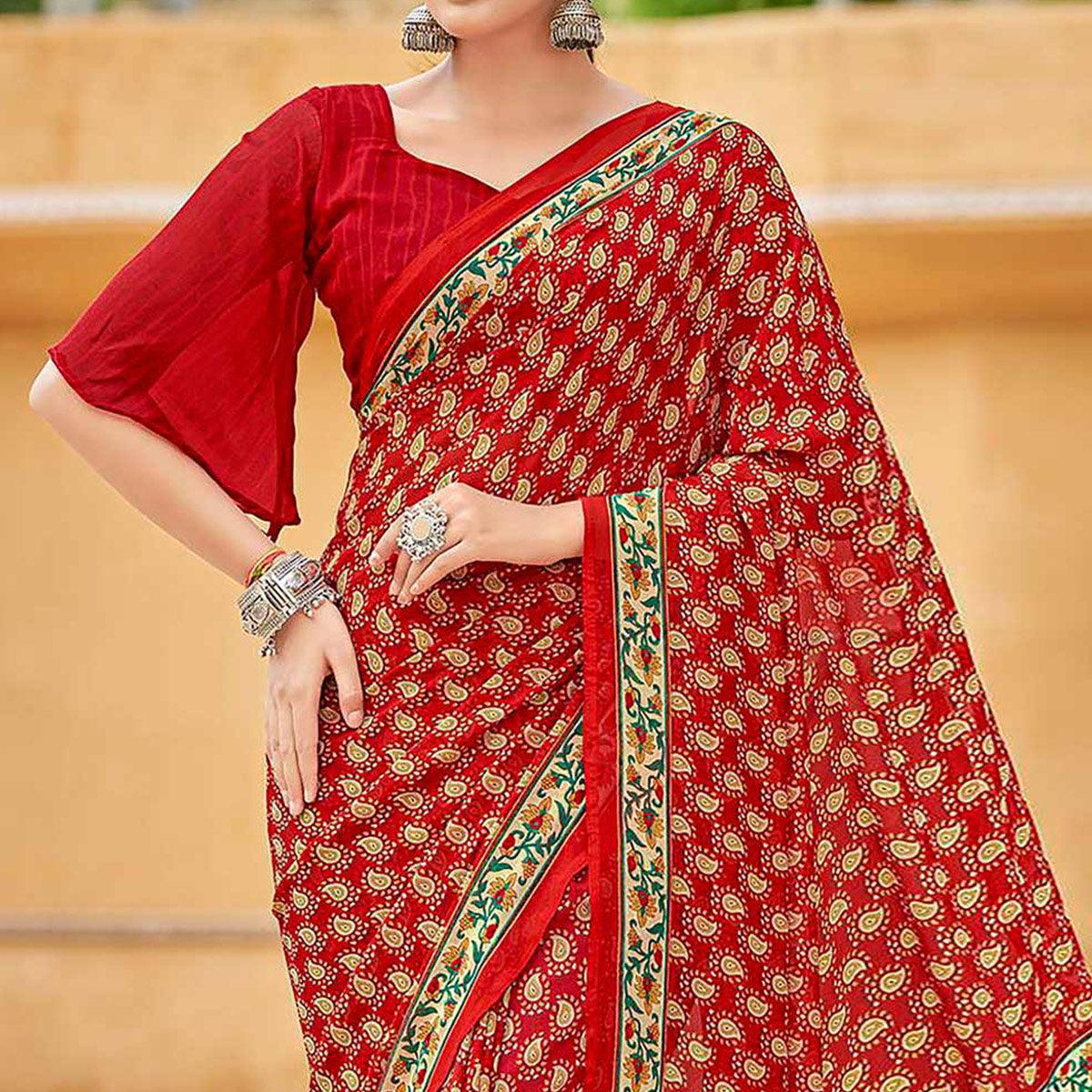 Red Printed Georgette Saree - Peachmode