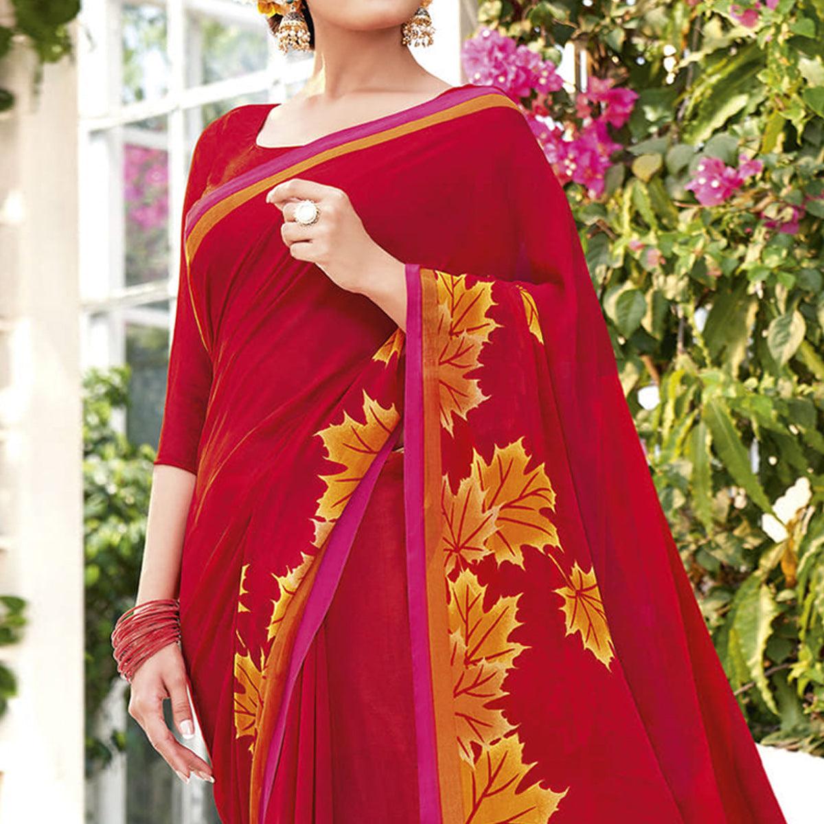 Red Printed Georgette Saree - Peachmode