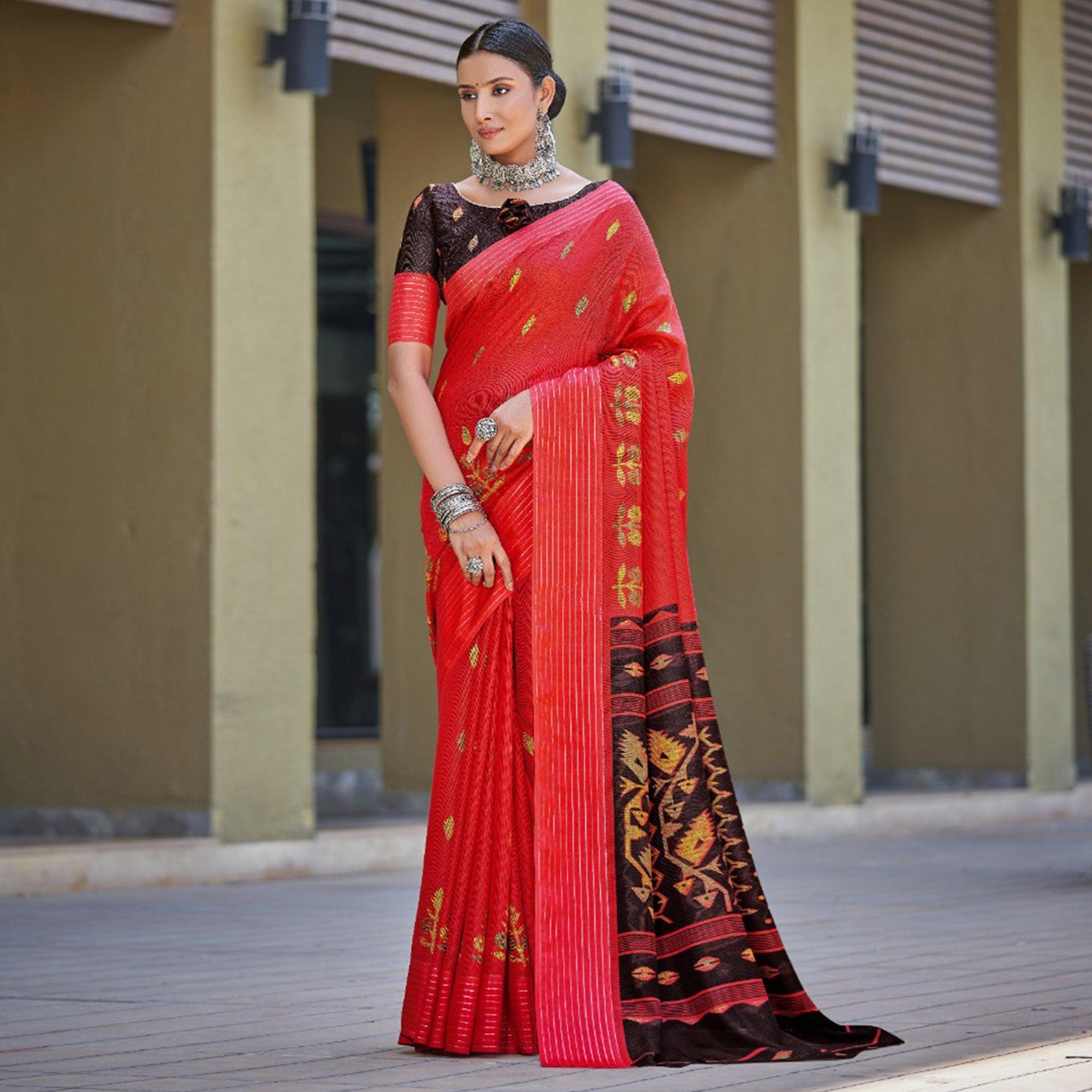 Red Printed Jute Saree - Peachmode