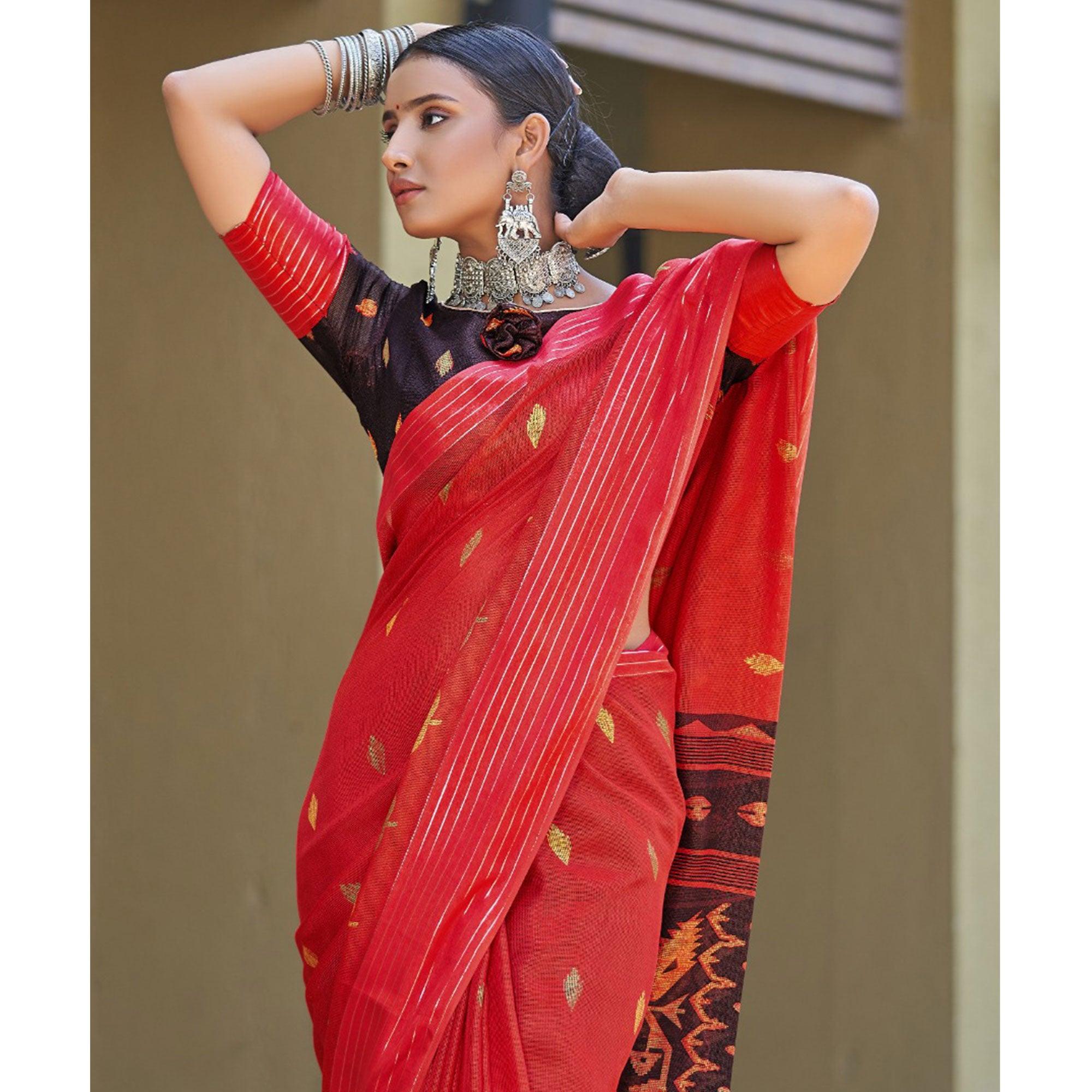 Red Printed Jute Saree - Peachmode