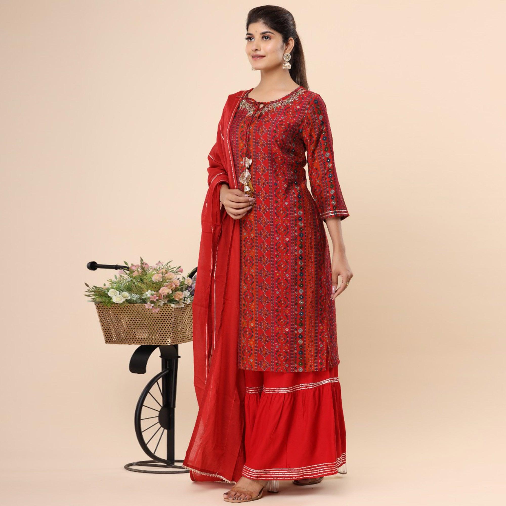 Red Printed Muslin Sharara Suit - Peachmode