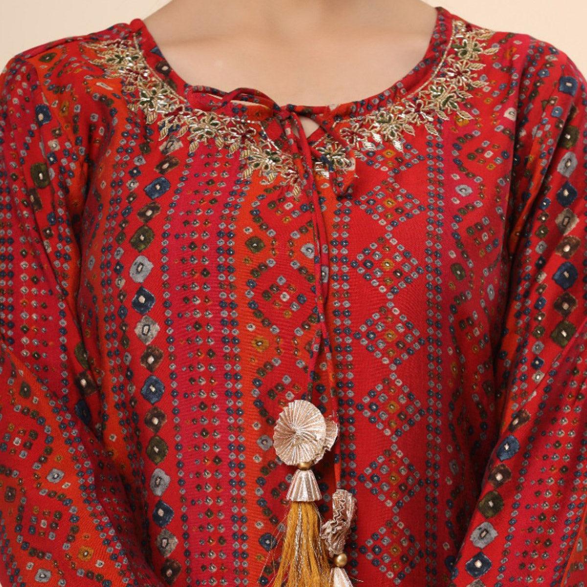 Red Printed Muslin Sharara Suit - Peachmode