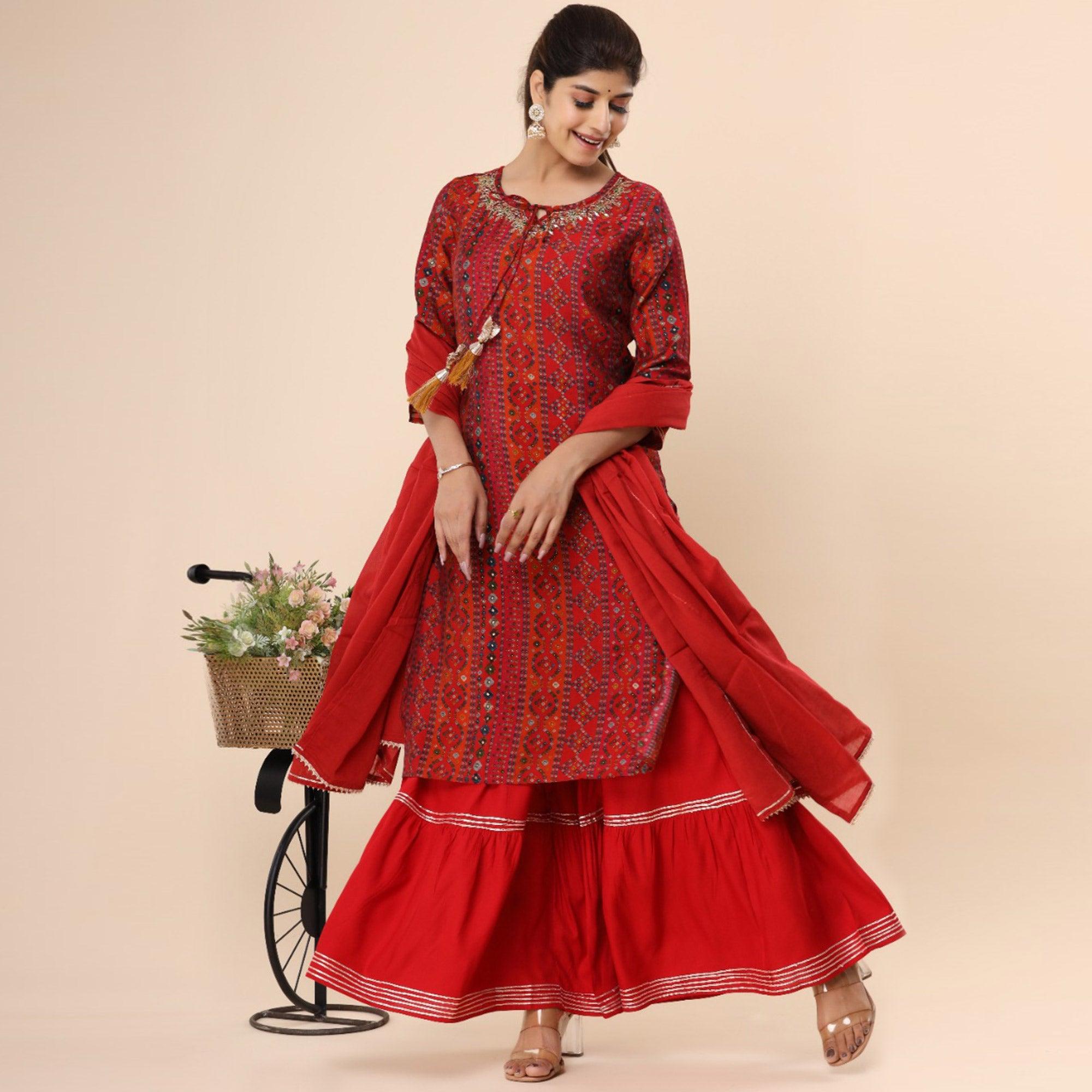 Red Printed Muslin Sharara Suit - Peachmode