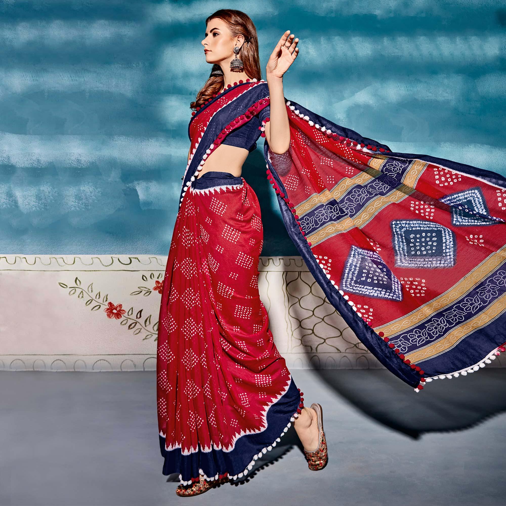 Red Printed Poly Cotton Saree With Pumpum Lace - Peachmode