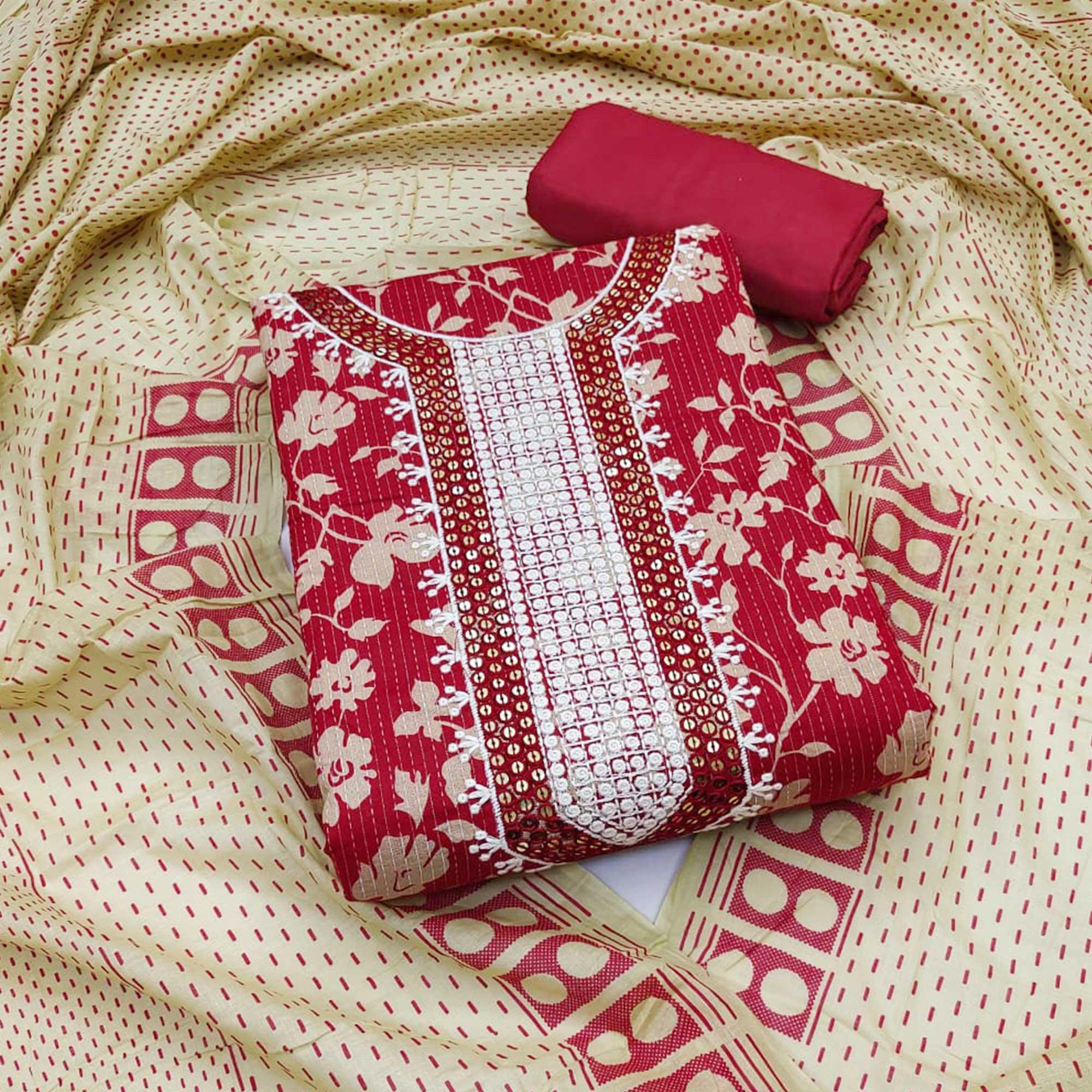 Red Printed Pure Cotton Dress Material - Peachmode