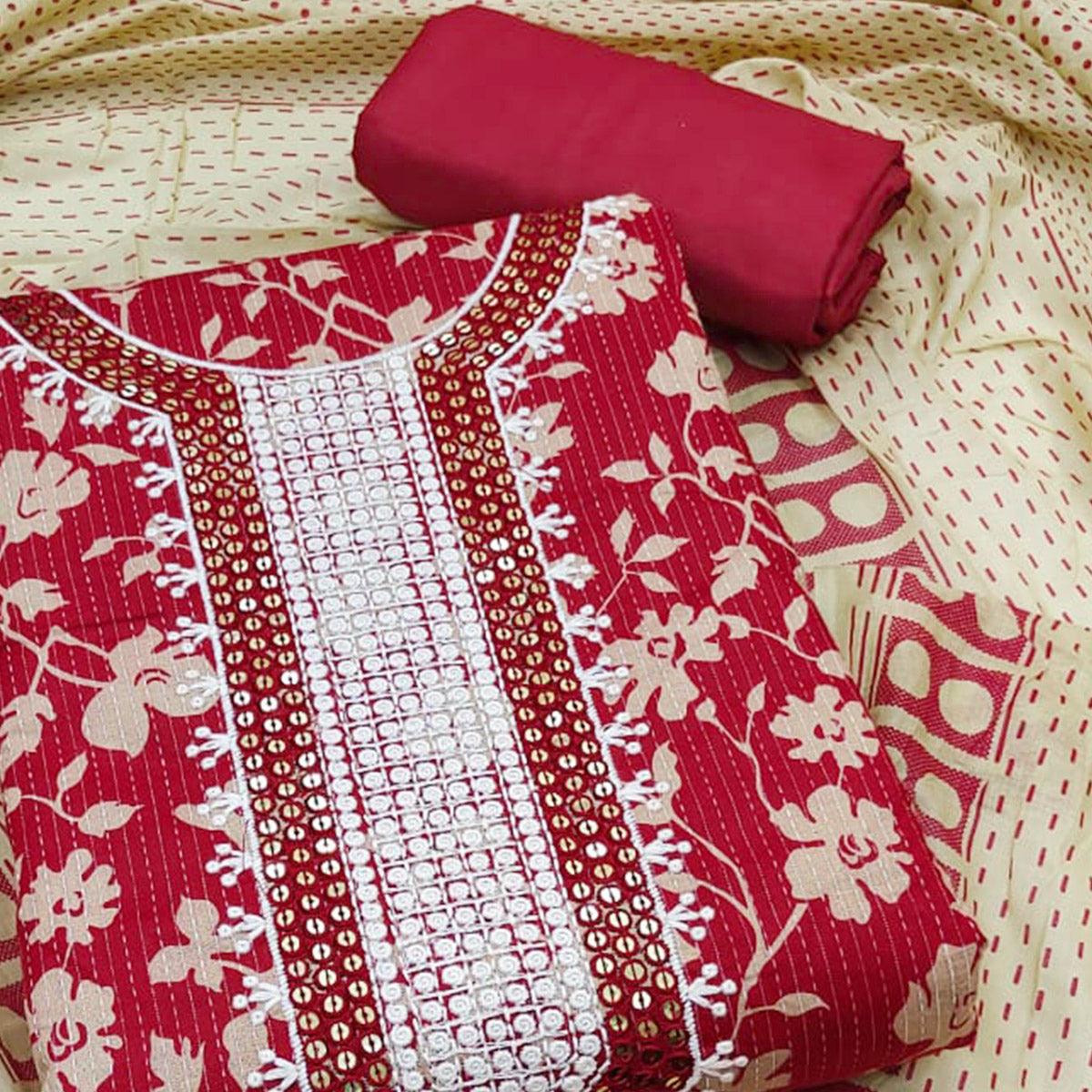 Red Printed Pure Cotton Dress Material - Peachmode