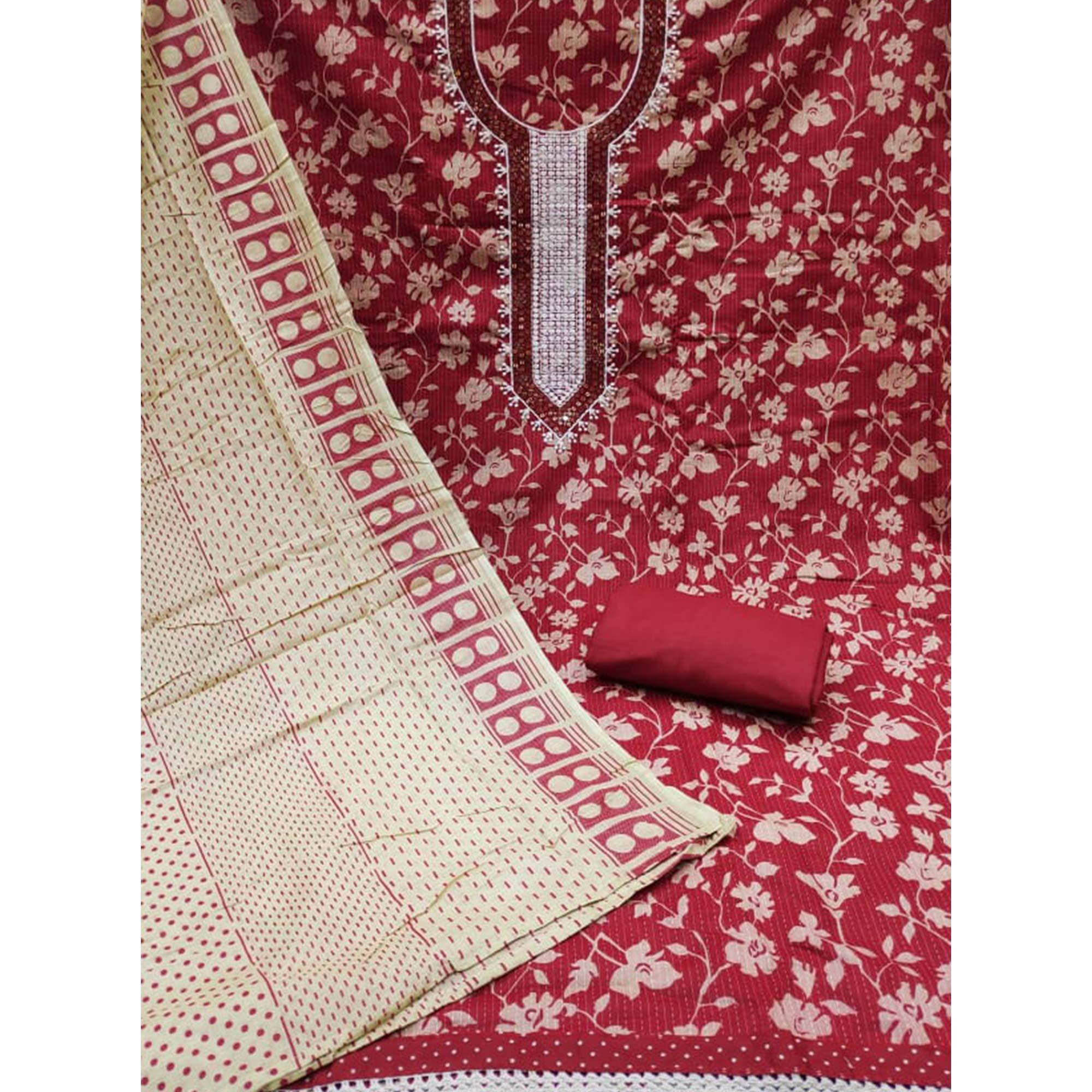 Red Printed Pure Cotton Dress Material - Peachmode