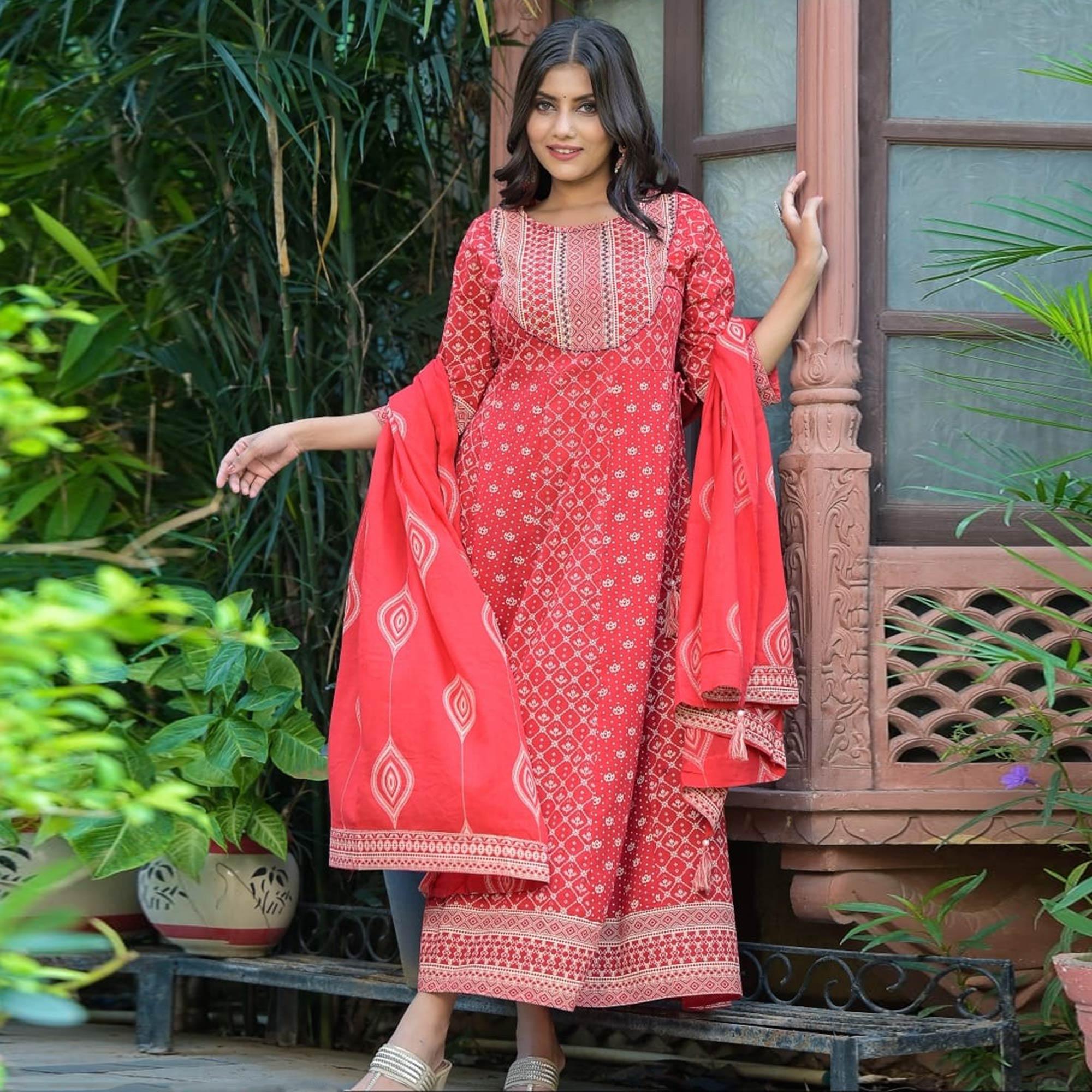 Red Printed Pure Cotton Gown