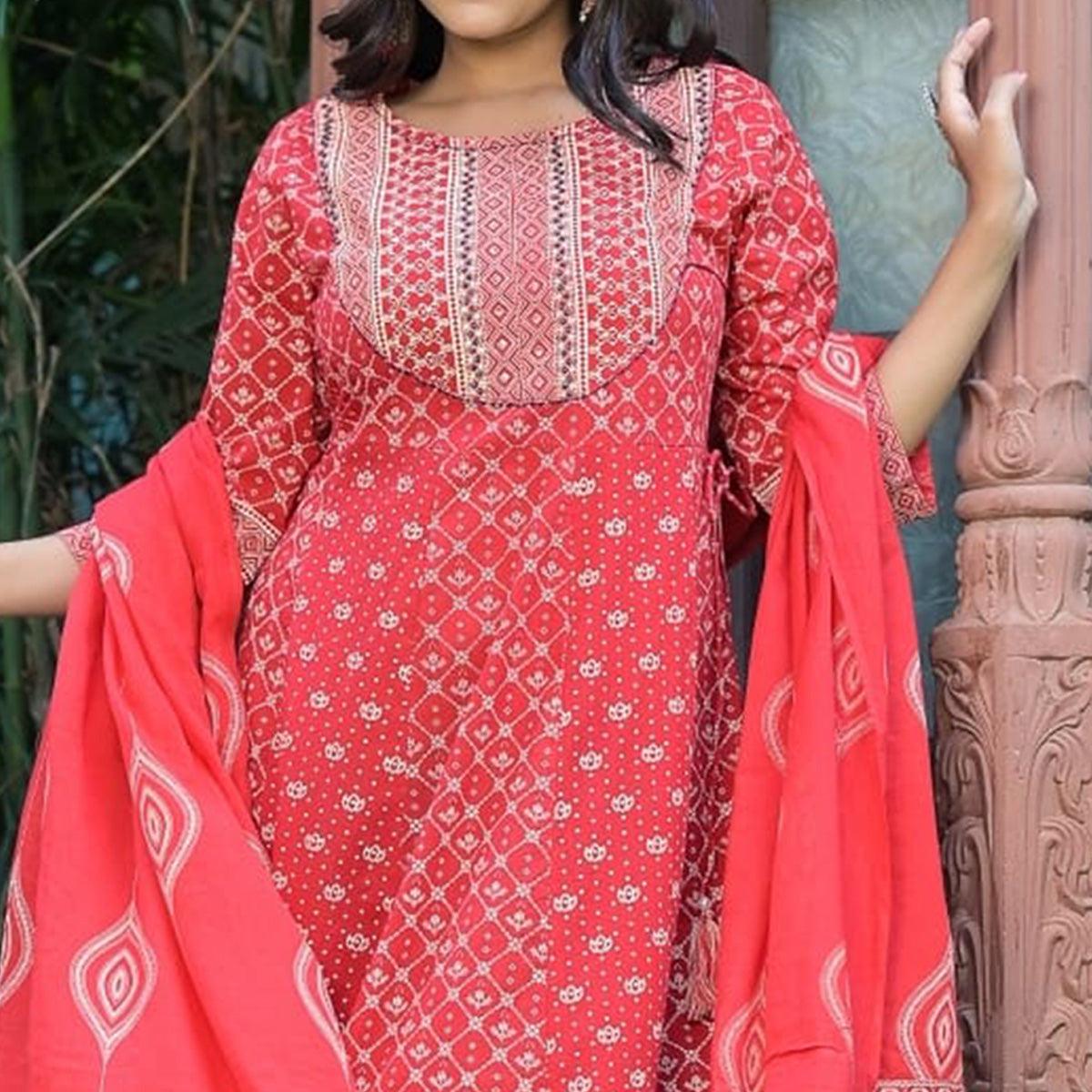 Red Printed Pure Cotton Gown - Peachmode