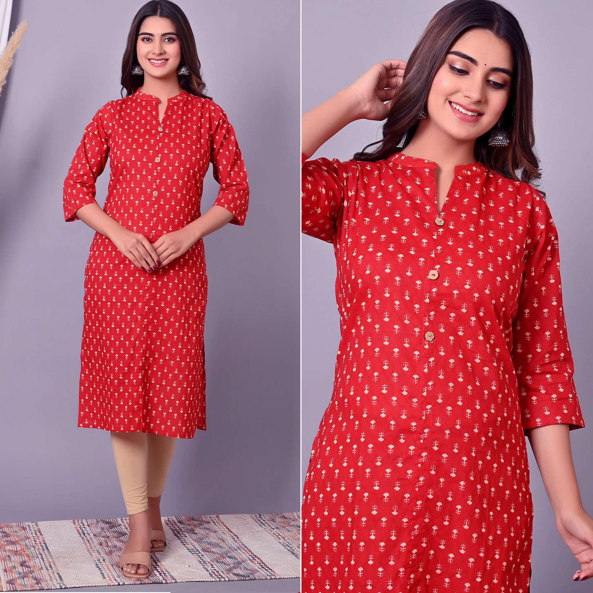 Red Printed Pure Cotton Kurti - Peachmode