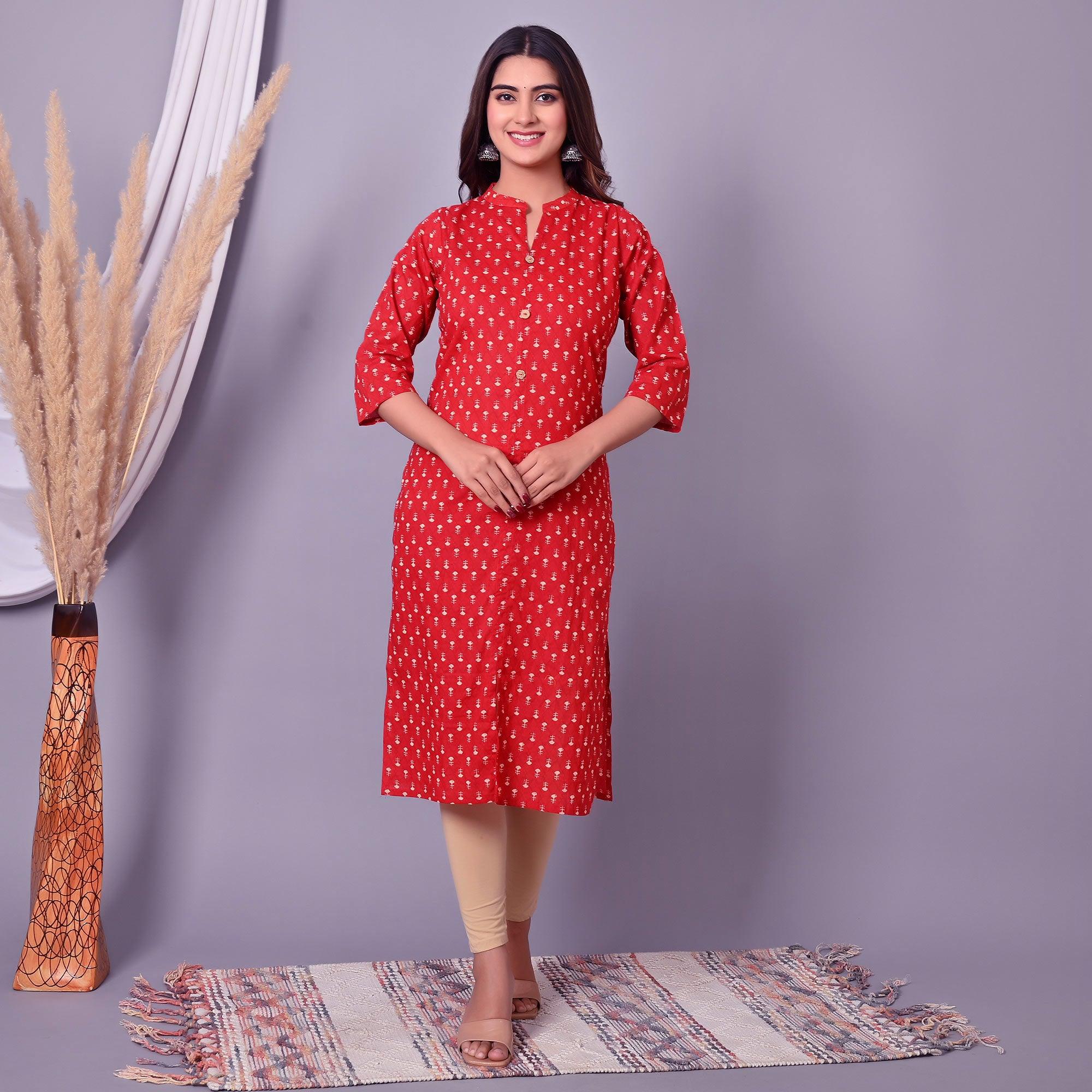 Red Printed Pure Cotton Kurti - Peachmode