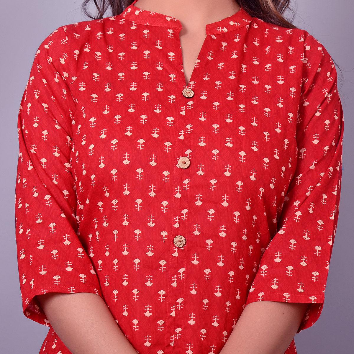 Red Printed Pure Cotton Kurti - Peachmode