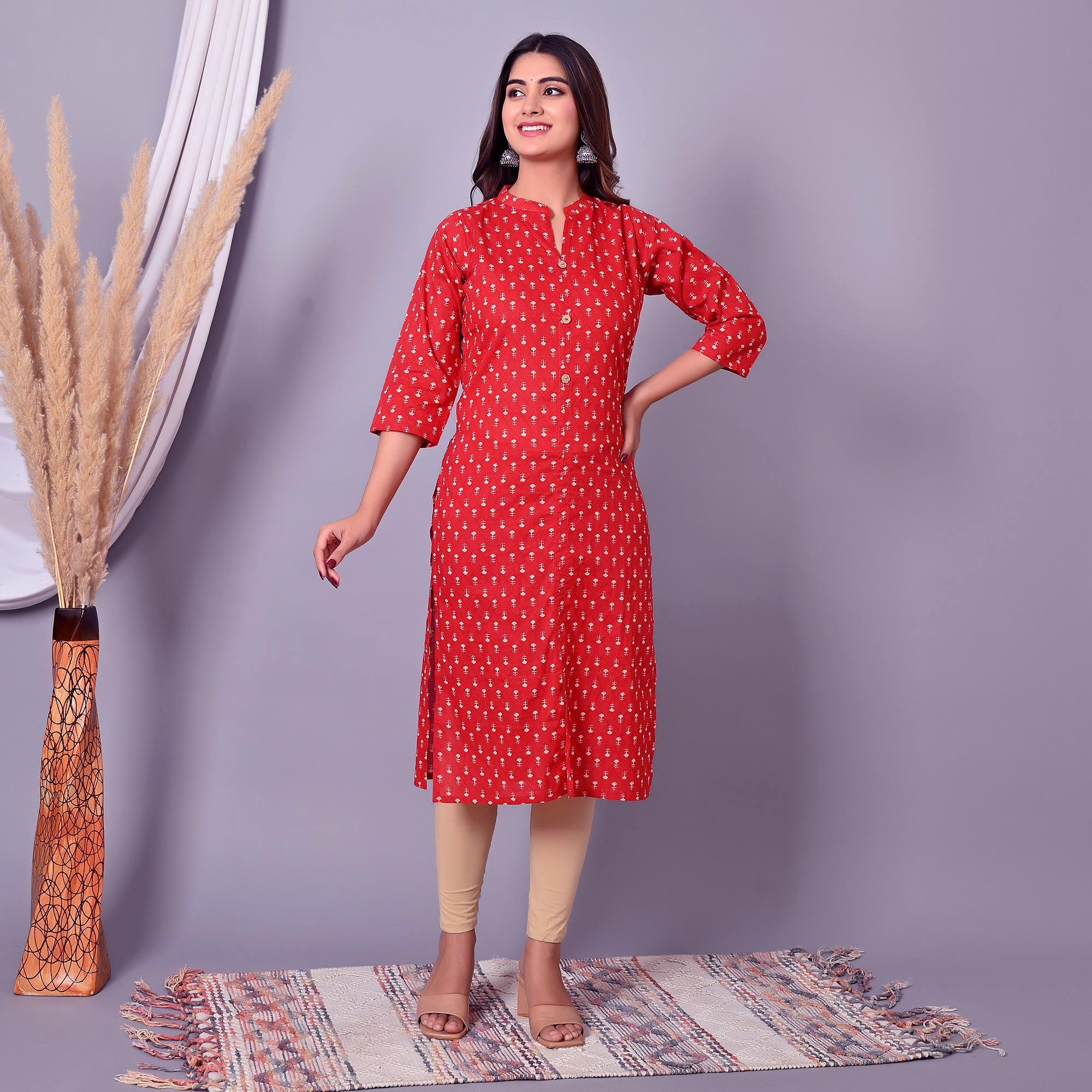 Red Printed Pure Cotton Kurti - Peachmode