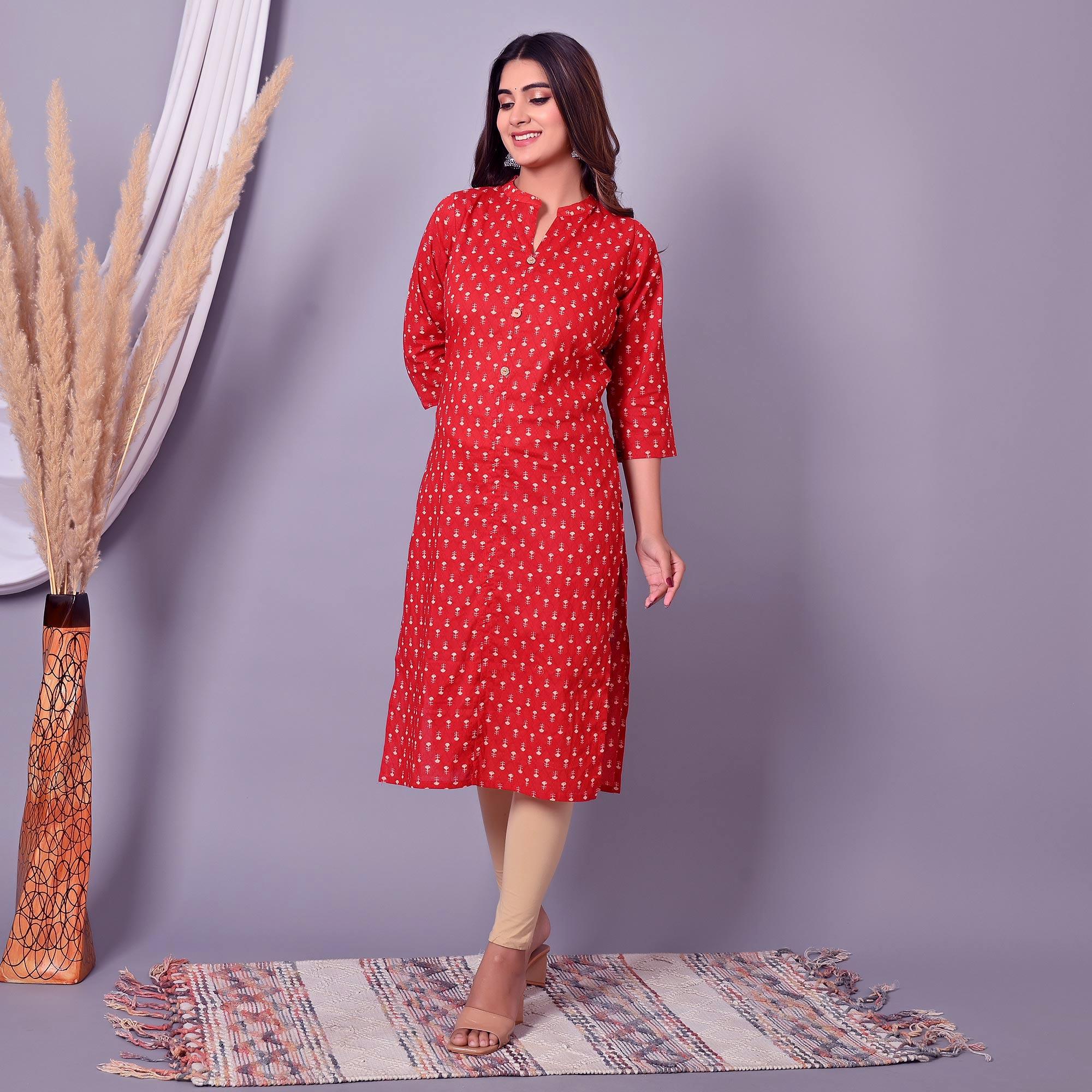 Red Printed Pure Cotton Kurti - Peachmode