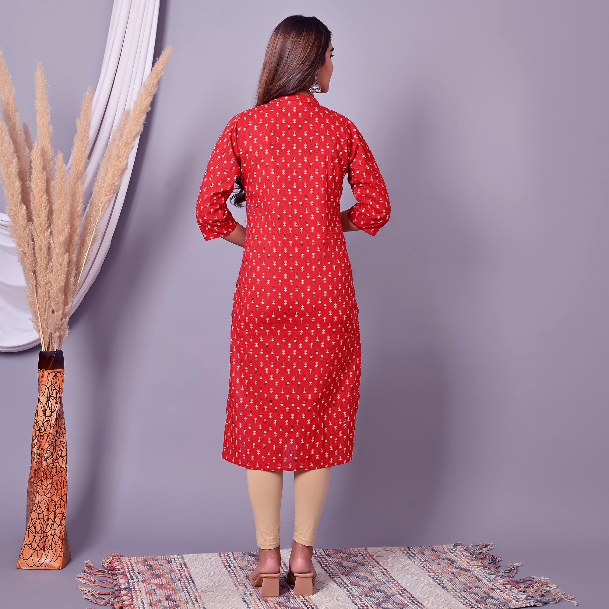 Red Printed Pure Cotton Kurti - Peachmode