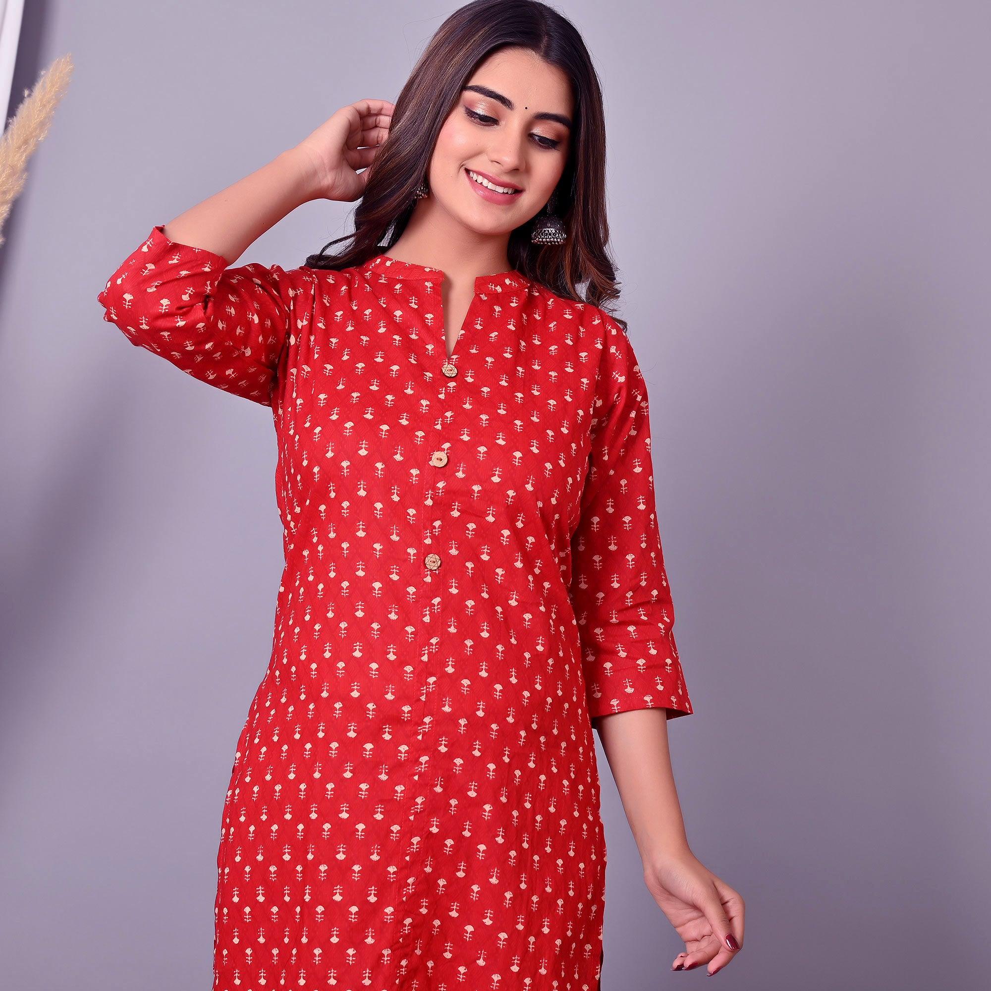 Red Printed Pure Cotton Kurti - Peachmode