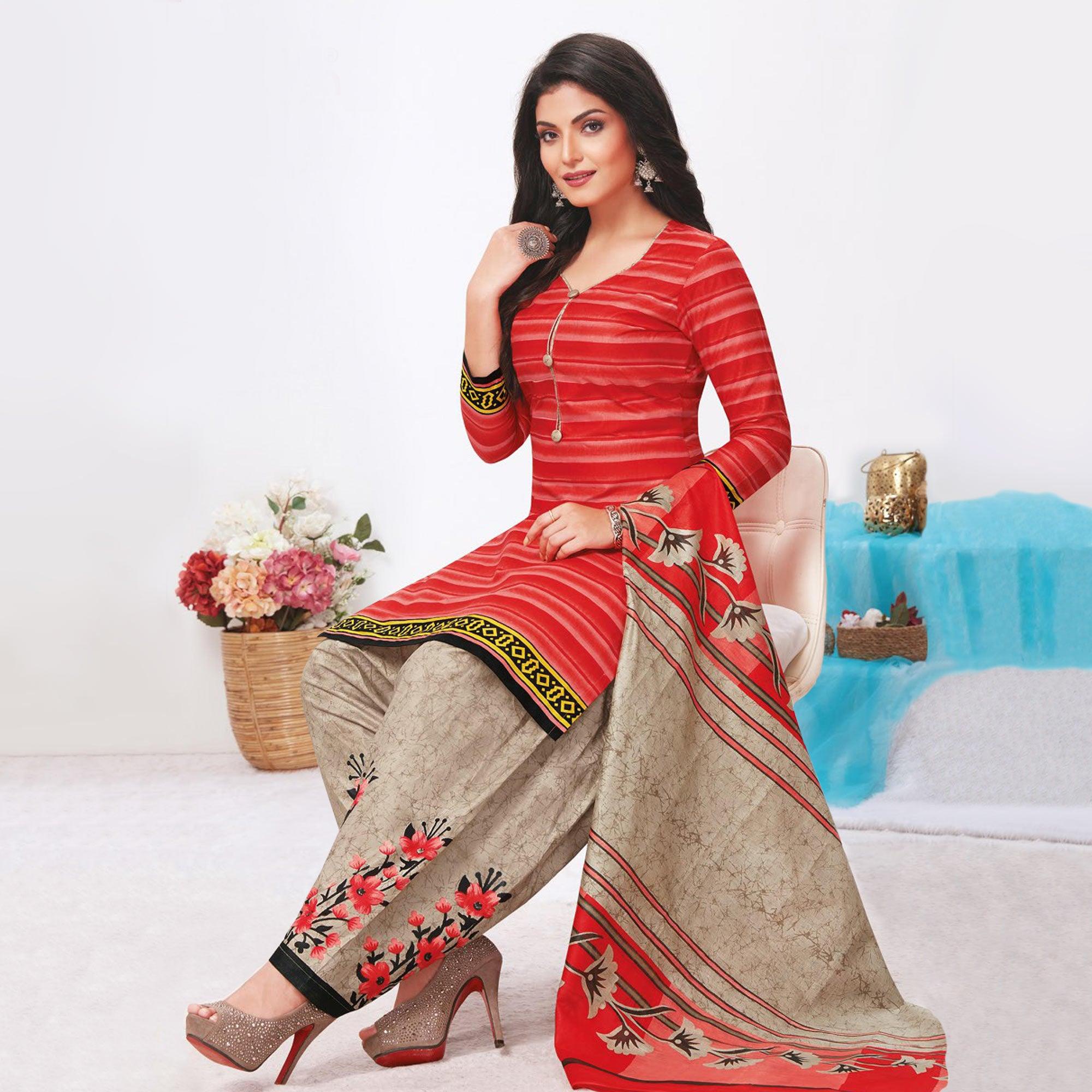 Red Printed Pure Cotton Patiala Dress Material - Peachmode