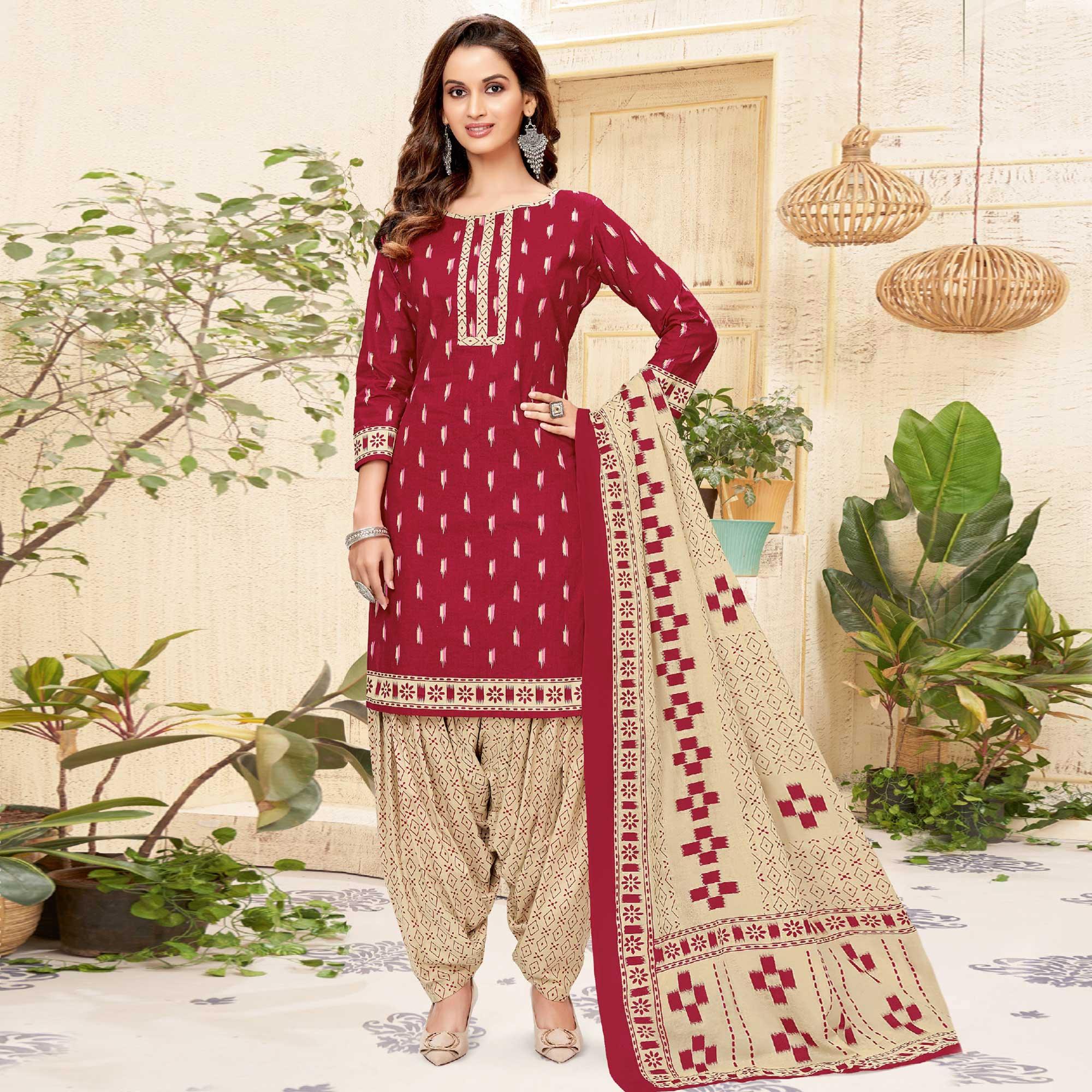 Red Printed Pure Cotton Patiala Dress Material - Peachmode