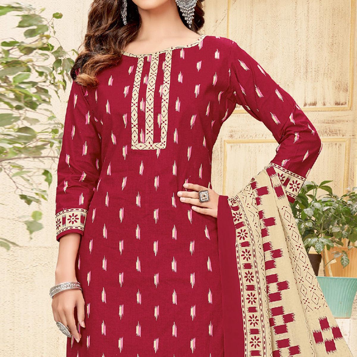 Red Printed Pure Cotton Patiala Dress Material - Peachmode