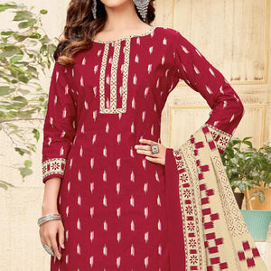 Red Printed Pure Cotton Patiala Dress Material - Peachmode