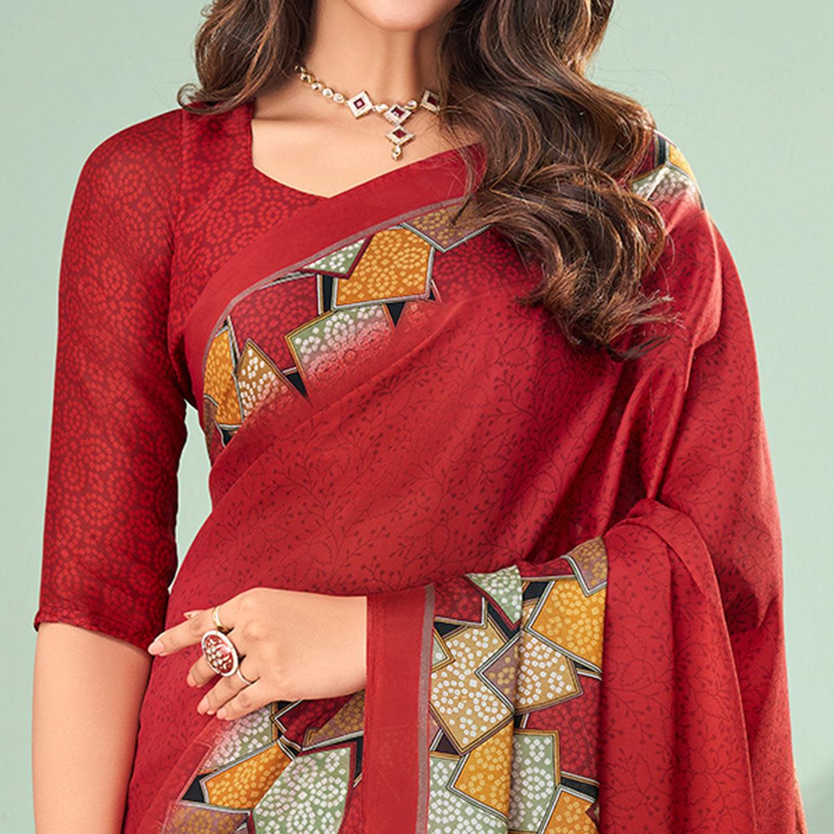 Red Printed Raw Silk Saree - Peachmode