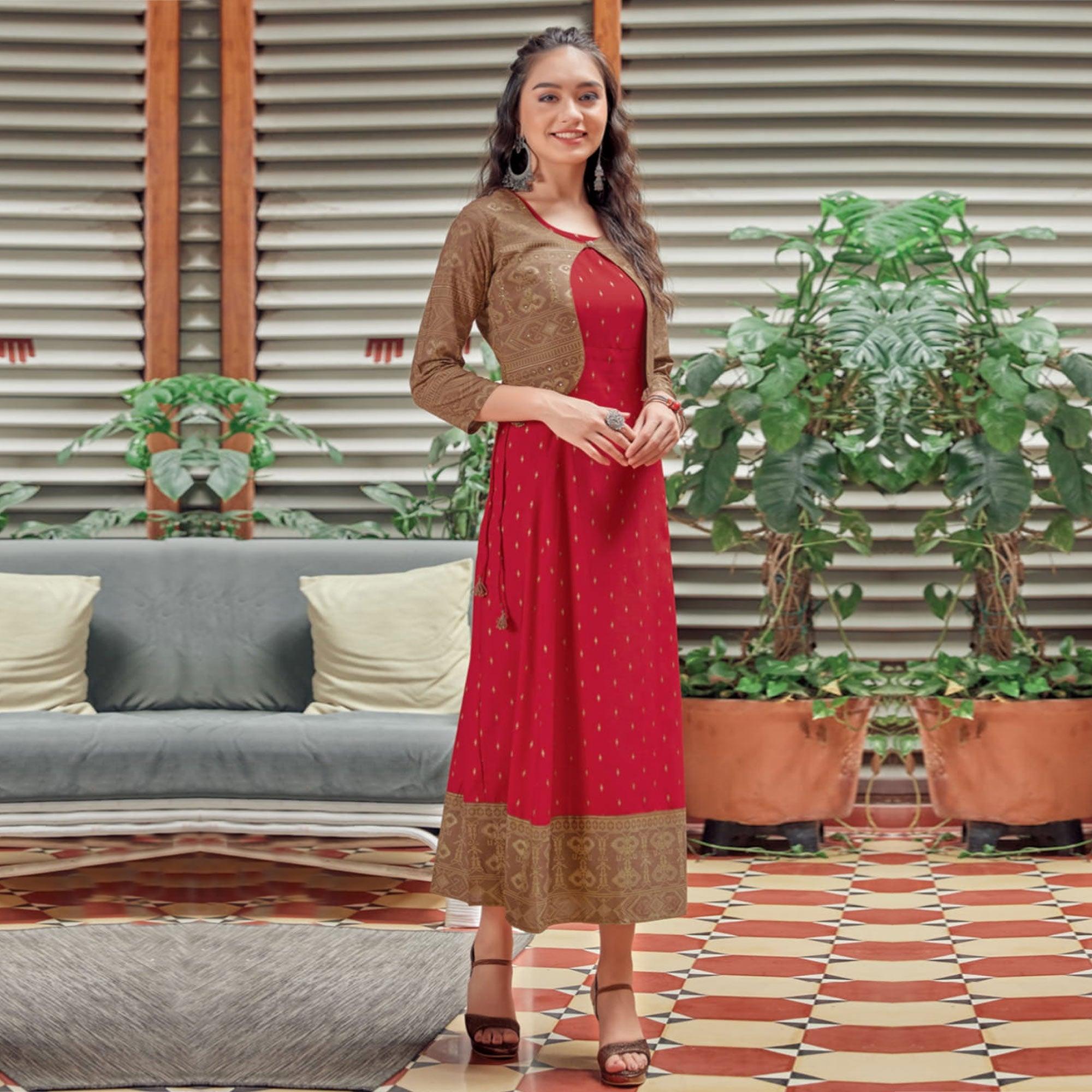 Red Printed Rayon Anarkali Kurti - Peachmode