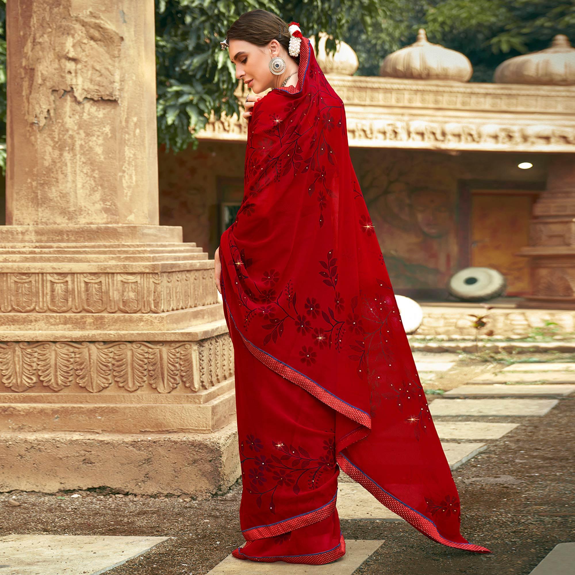 Red Printed-Sequins Work Georgette Saree - Peachmode