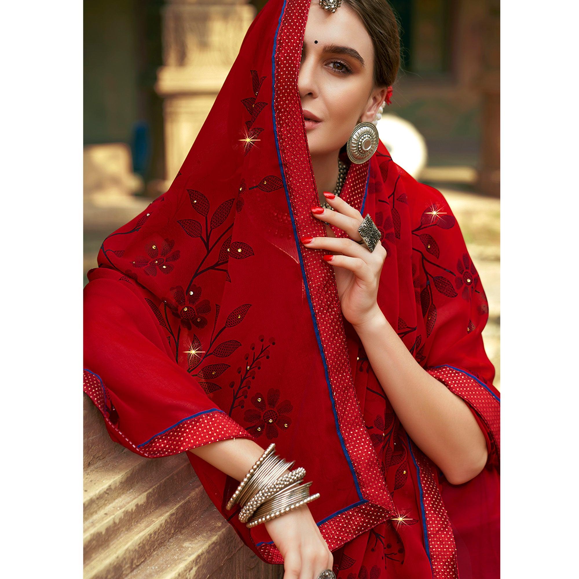 Red Printed-Sequins Work Georgette Saree - Peachmode
