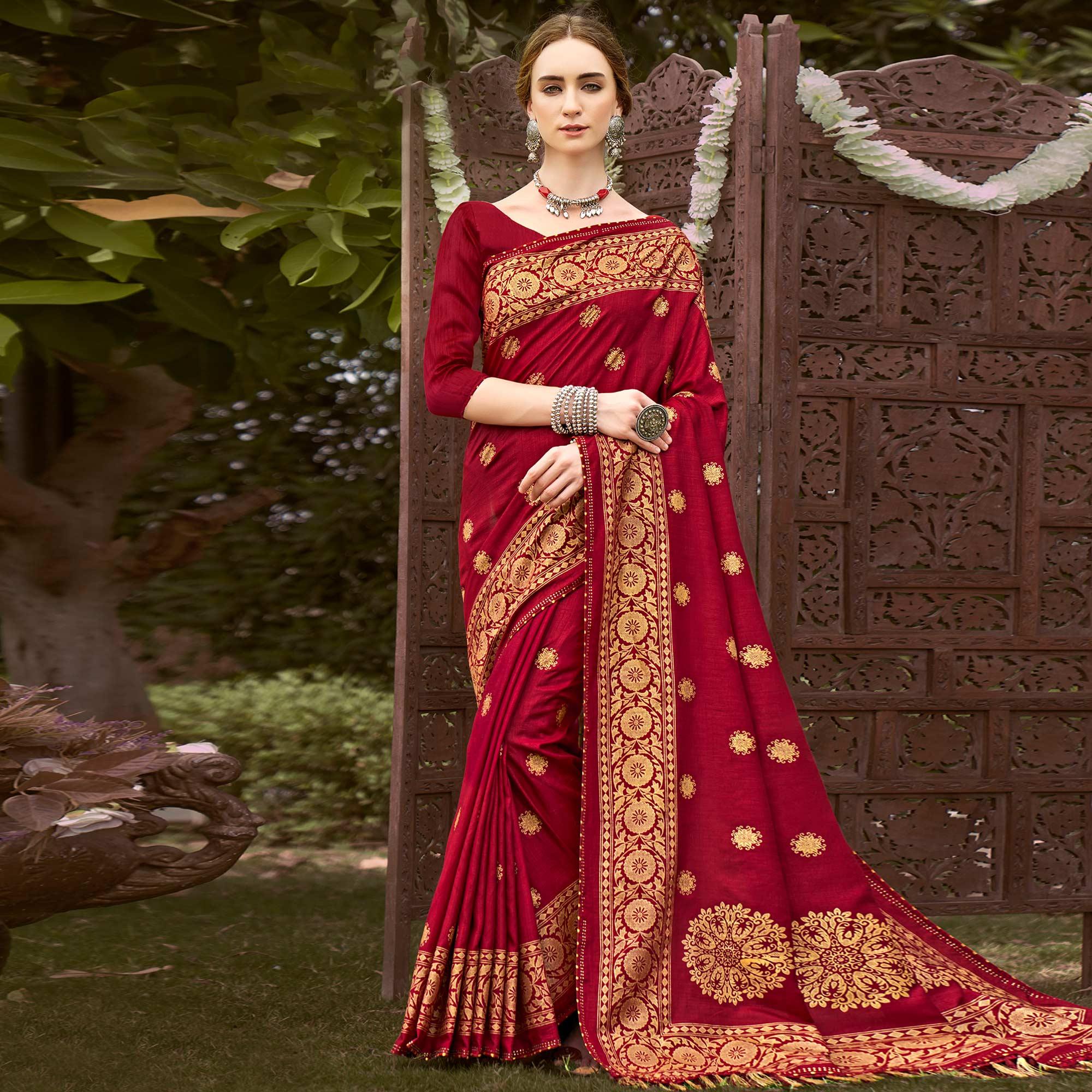 Red Printed Vichitra Silk Saree With Tassels - Peachmode