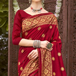 Red Printed Vichitra Silk Saree With Tassels - Peachmode