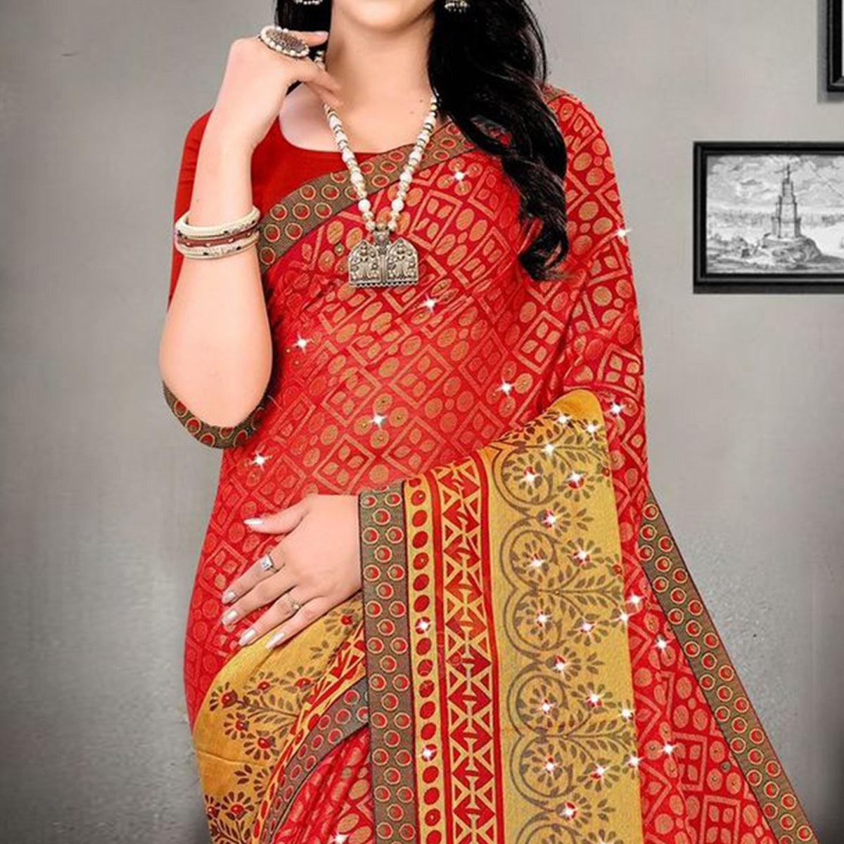 Red Printed With Embellished Brasso Saree - Peachmode