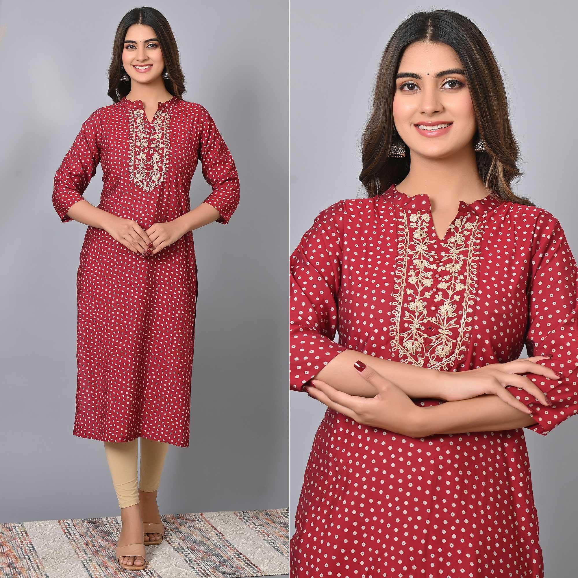 Red Printed With Embroidered Chanderi Kurti - Peachmode