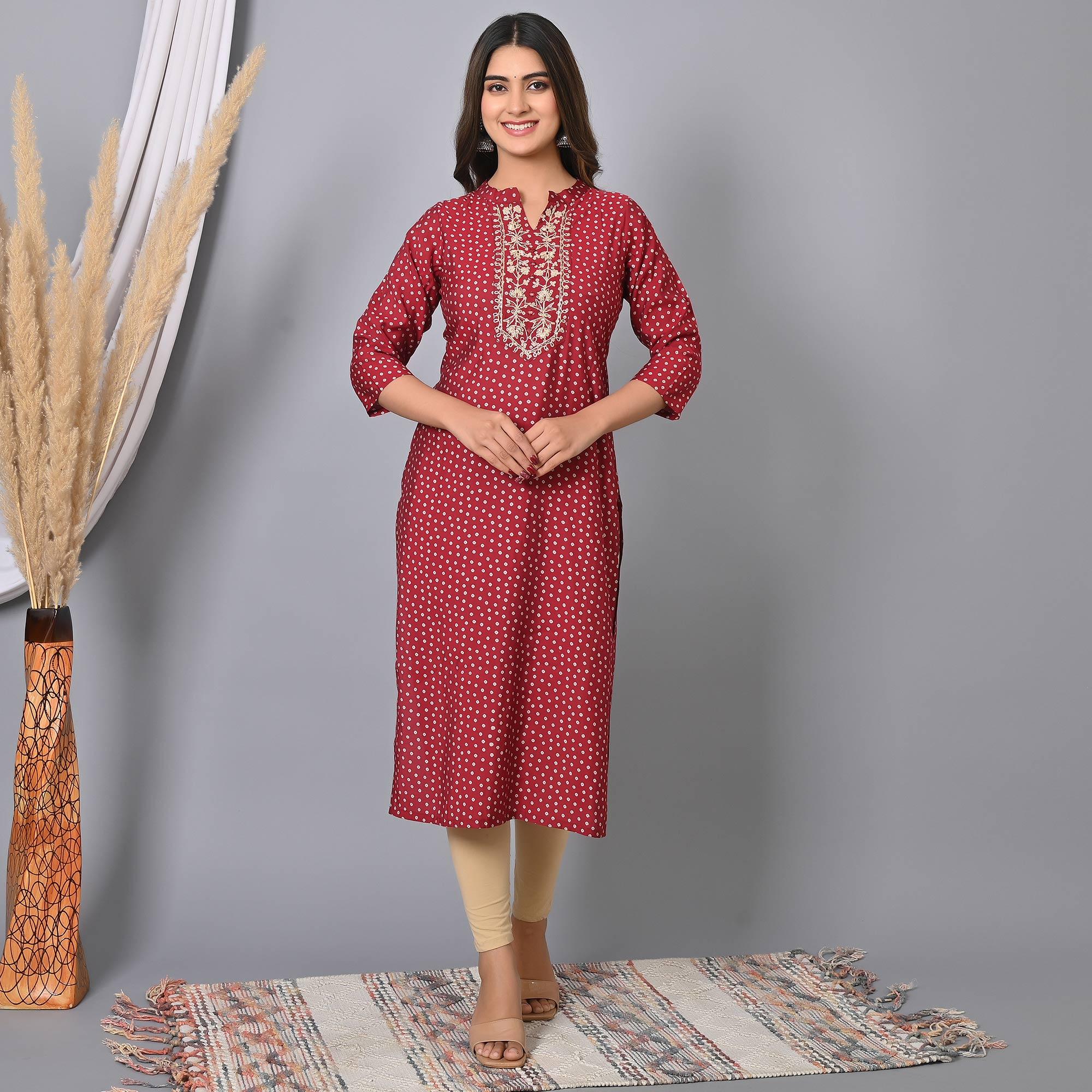 Red Printed With Embroidered Chanderi Kurti - Peachmode