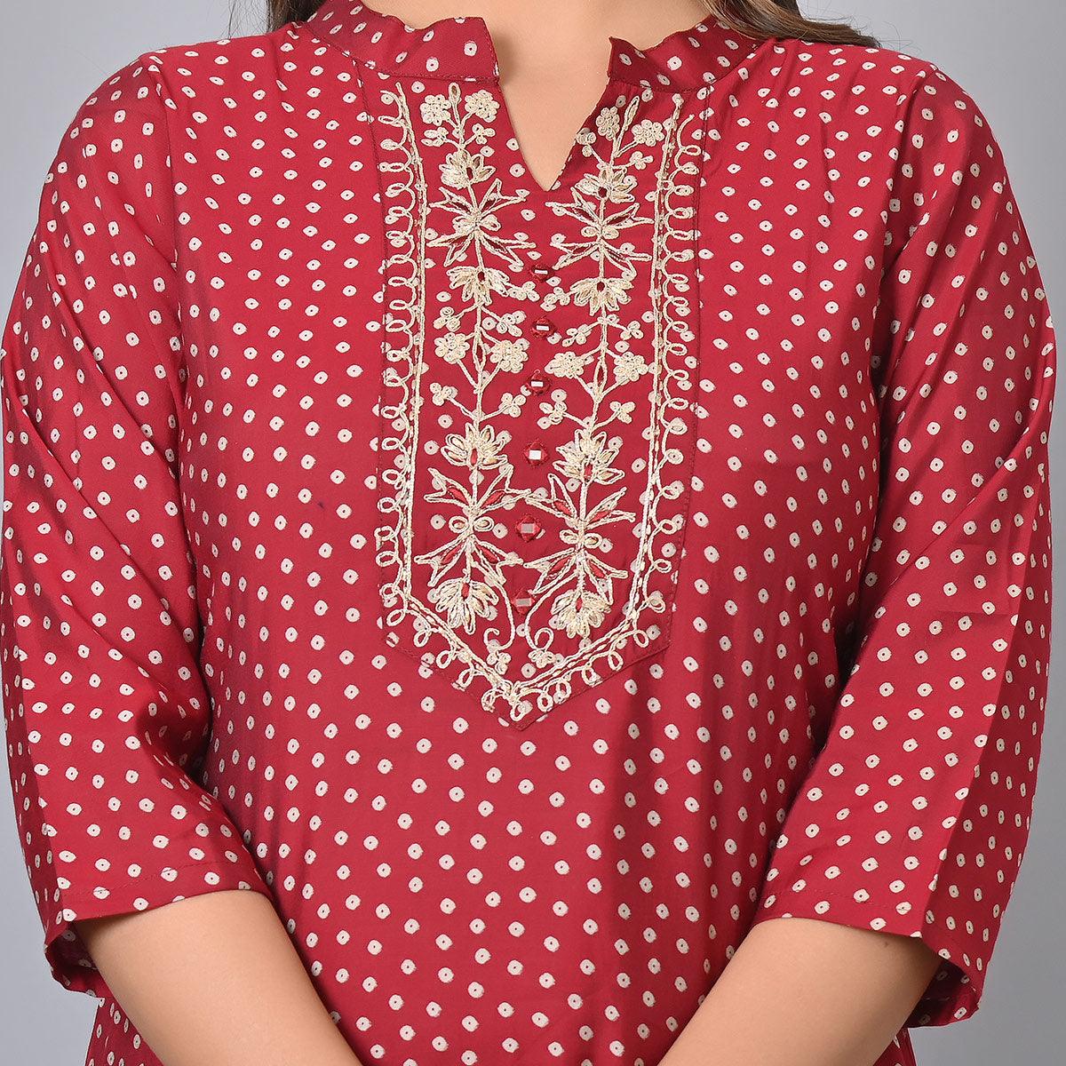 Red Printed With Embroidered Chanderi Kurti - Peachmode