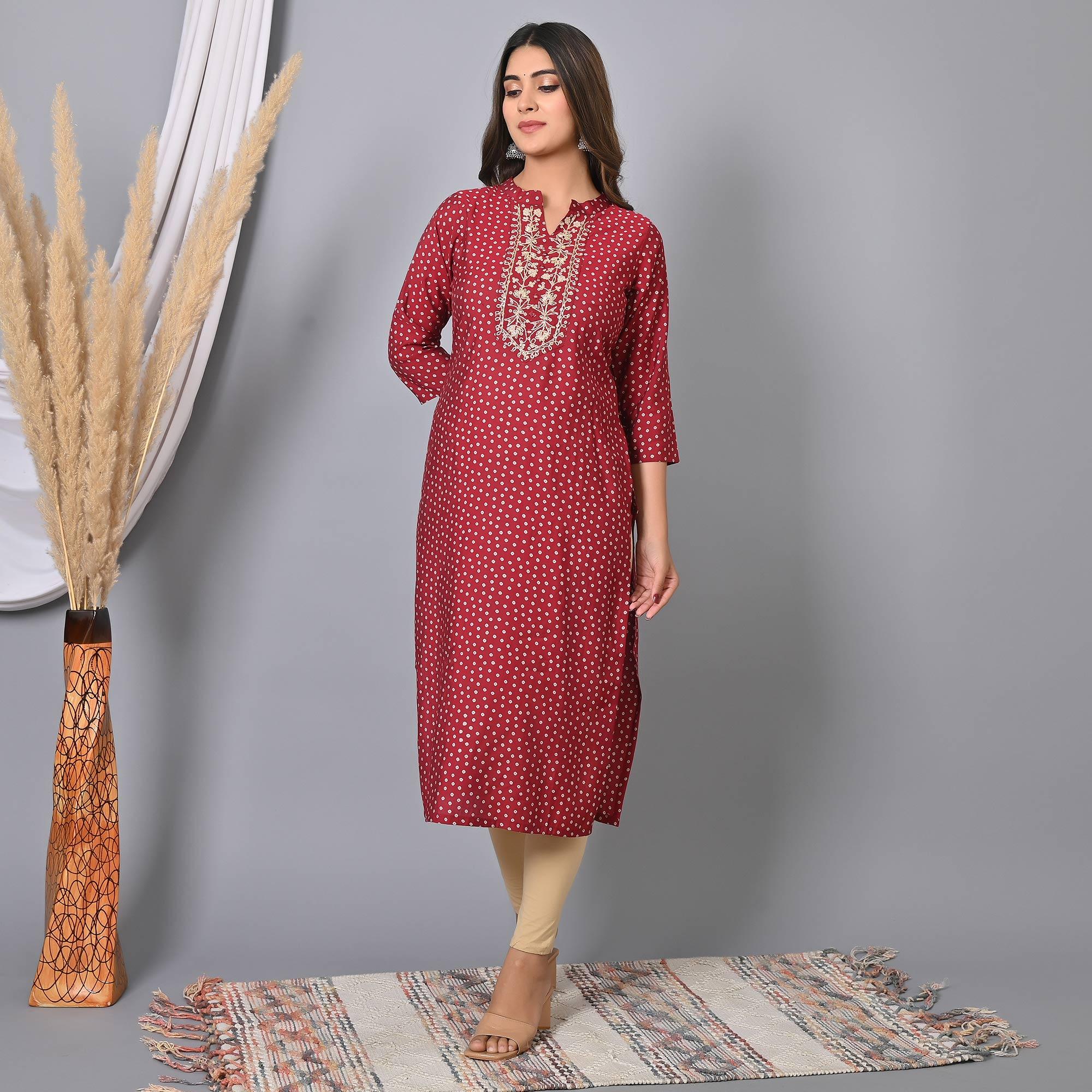 Red Printed With Embroidered Chanderi Kurti - Peachmode