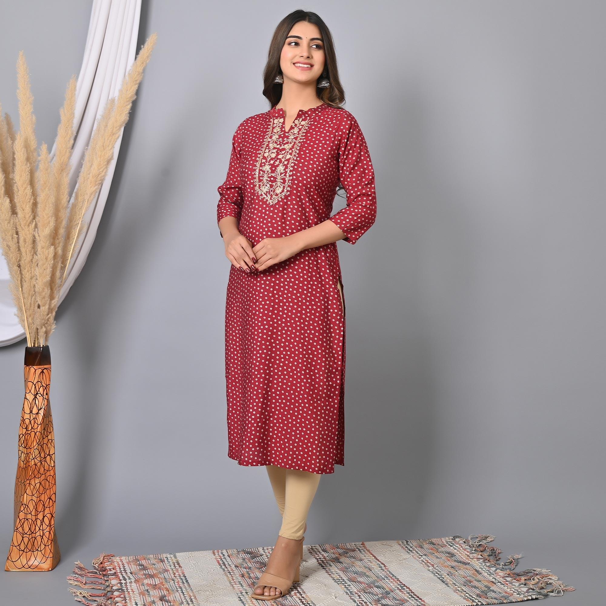 Red Printed With Embroidered Chanderi Kurti - Peachmode