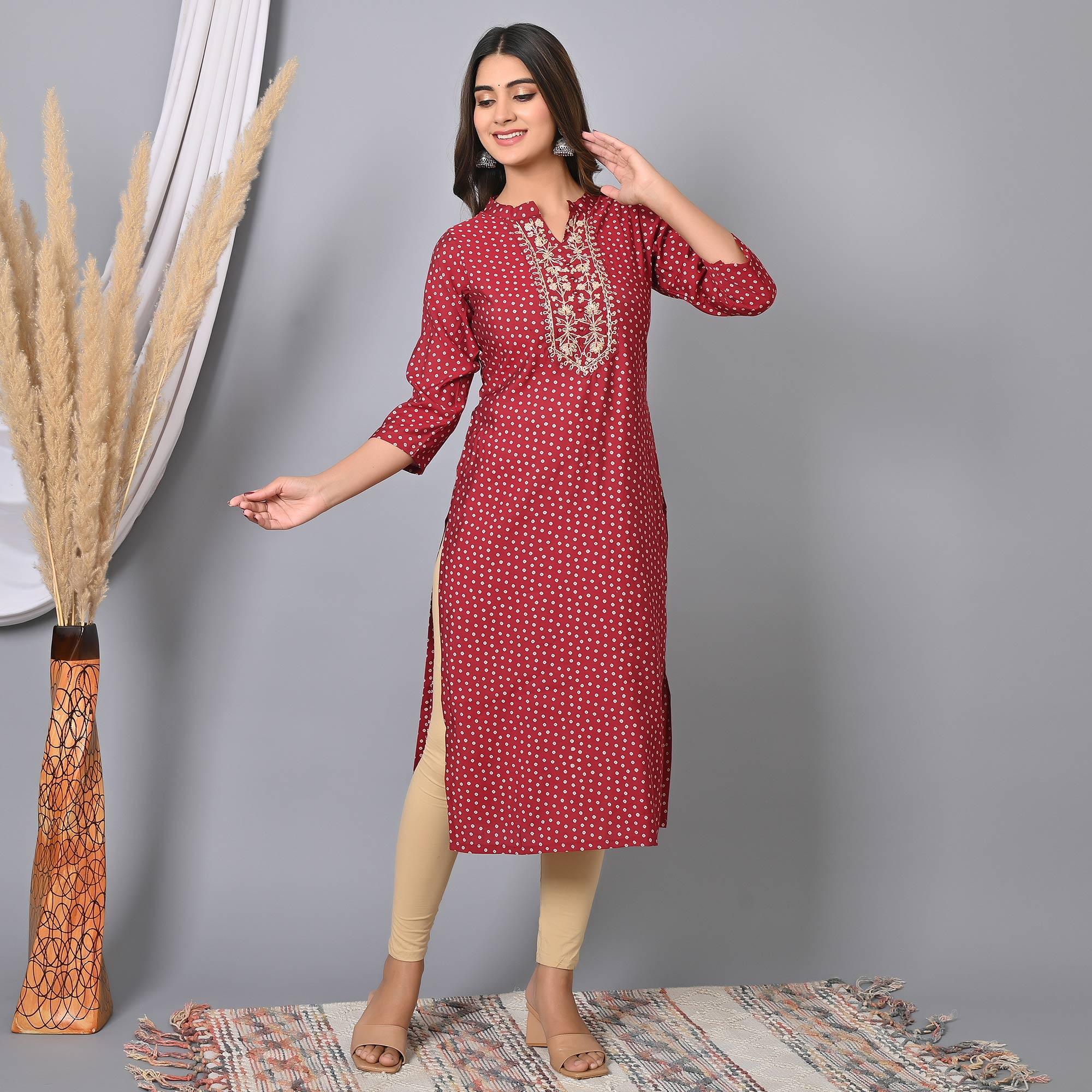 Red Printed With Embroidered Chanderi Kurti - Peachmode