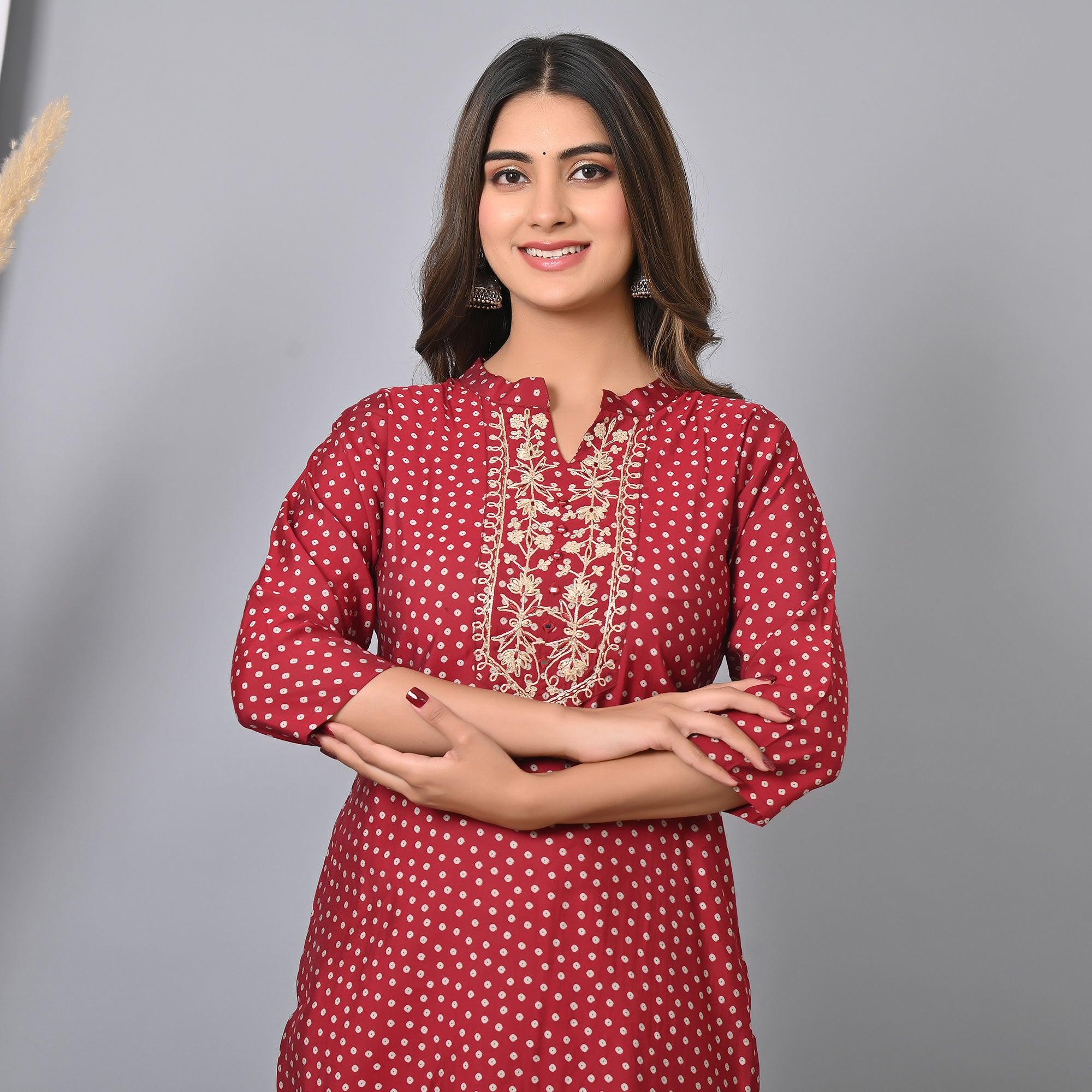 Red Printed With Embroidered Chanderi Kurti - Peachmode