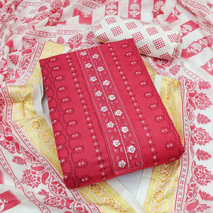 Red Printed With Embroidered Cotton Blend Dress Material - Peachmode